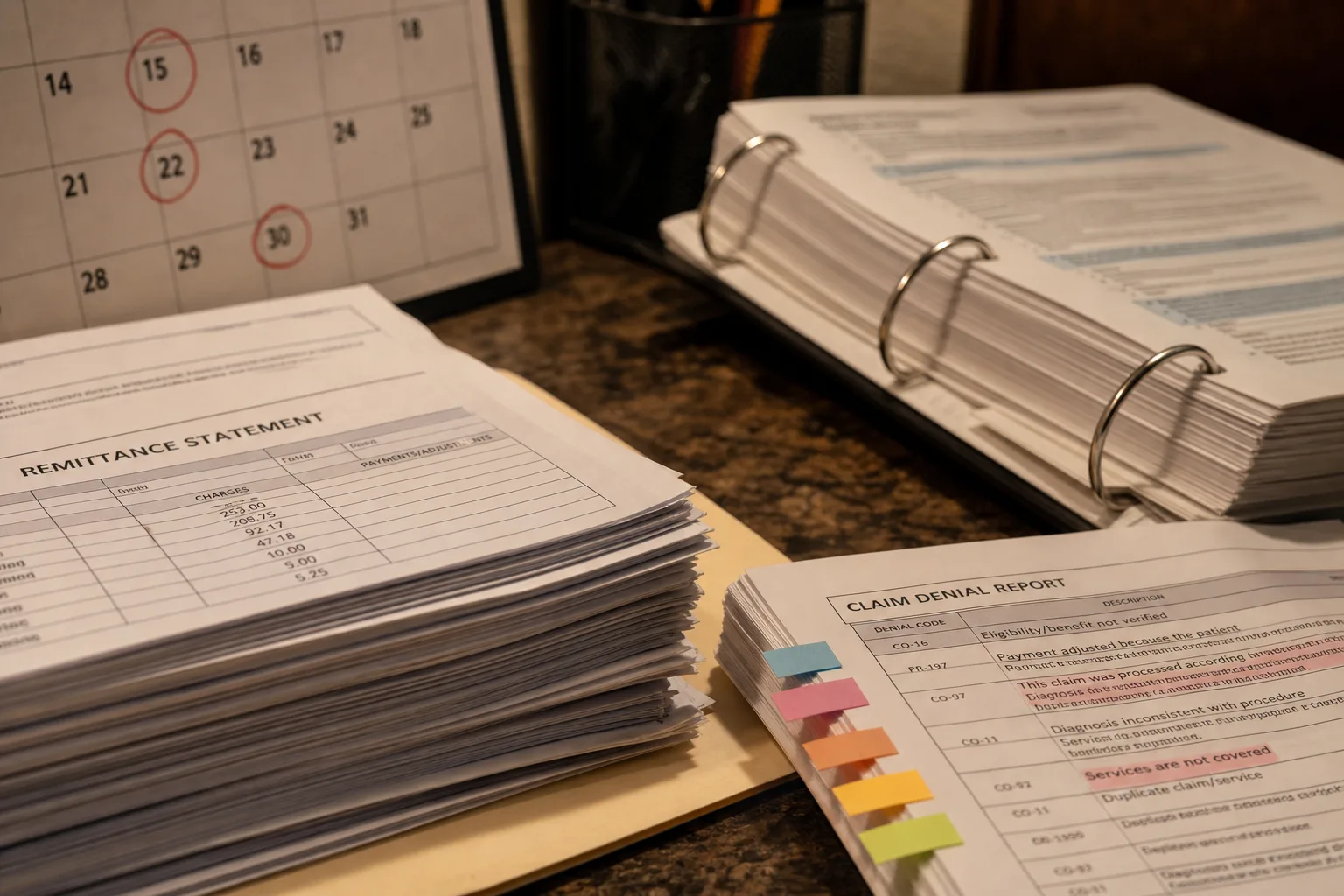 A billing office desk with a stack of insurance remittance statements, a printed denial report marked with colored tabs, an open ring binder of payer policie...