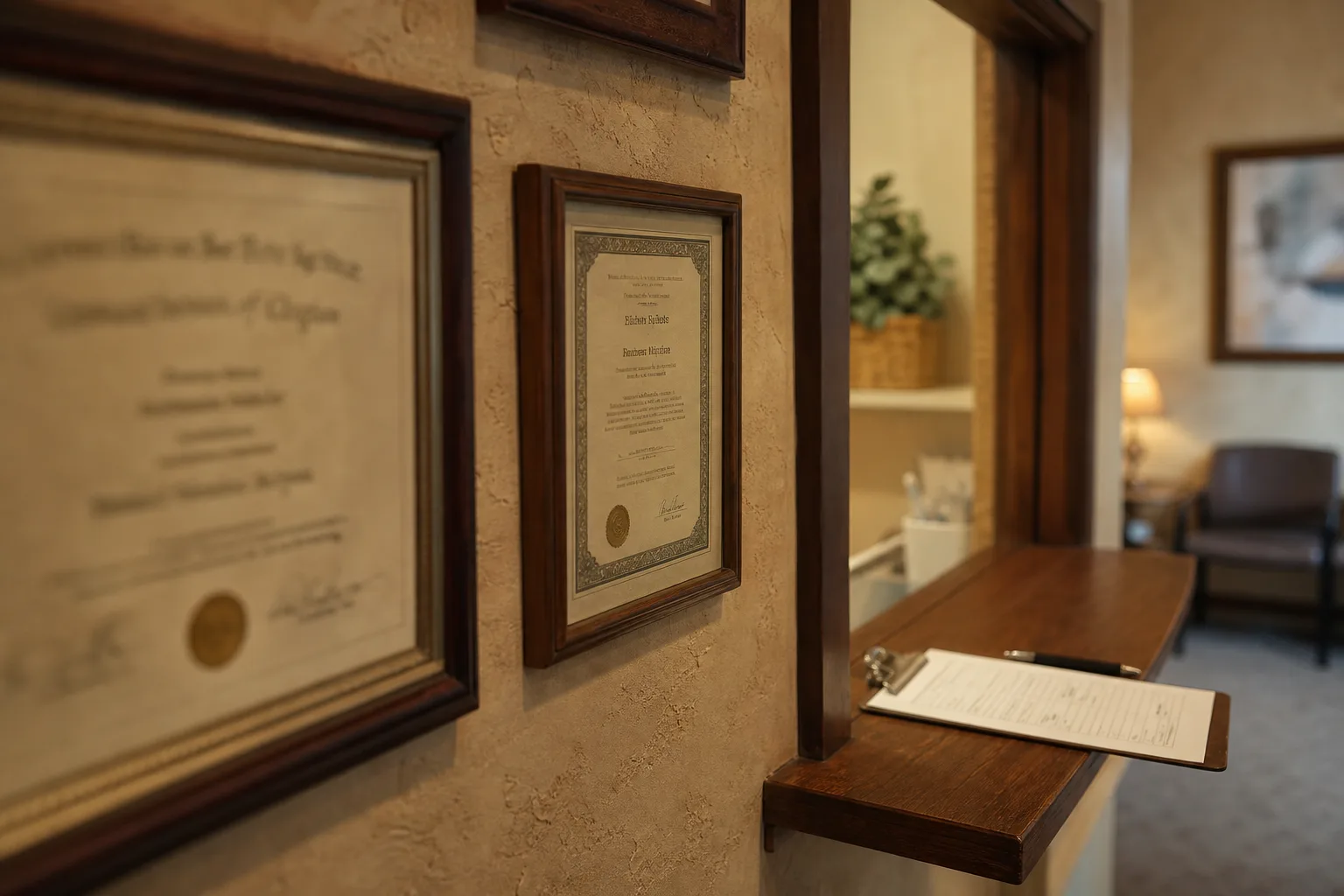 A clinic waiting room wall with several framed professional certificates and a small reception window with an intake clipboard on the counter