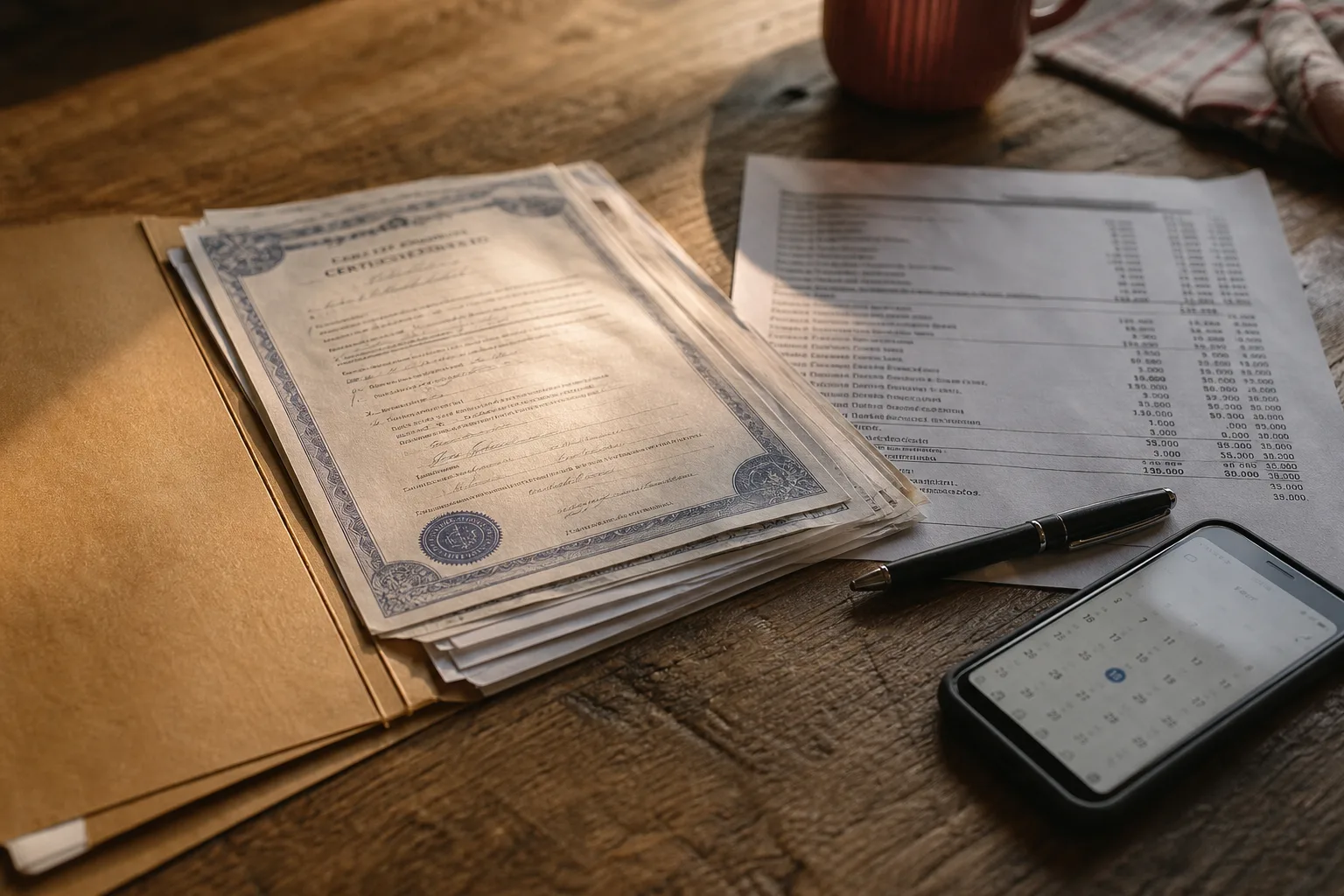 A kitchen table with an open manila folder, a stack of certified document copies, a printed itemized price list, a pen and a smartphone showing a calendar