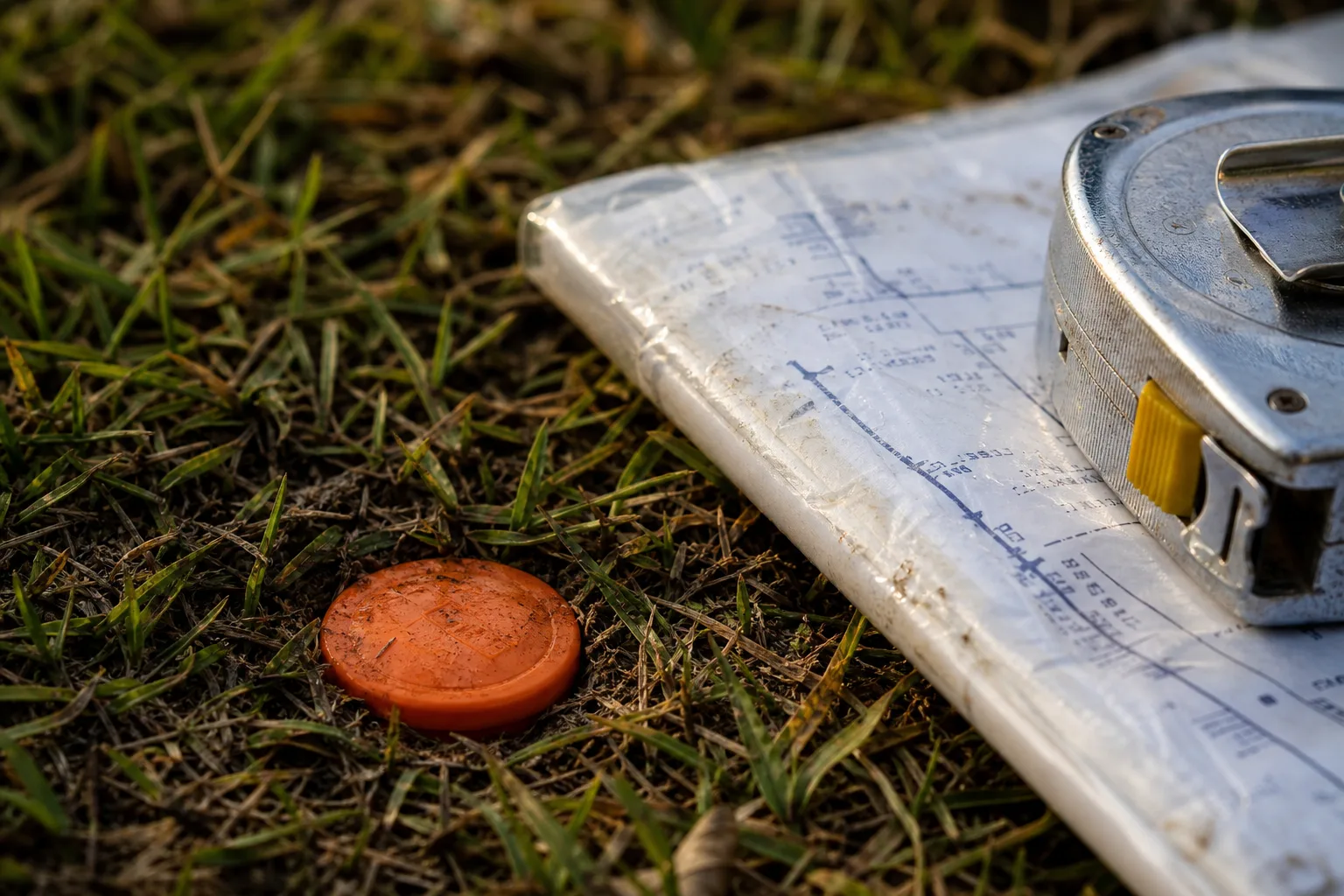 A land surveyor's iron pin with an orange plastic cap set flush in grass at a property corner, with a folded sealed plat drawing and a steel tape measure res...