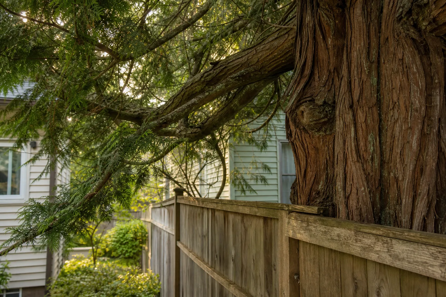 A large mature conifer growing directly on a residential property line, its canopy extending over a wooden fence into a neighboring backyard, with both house...