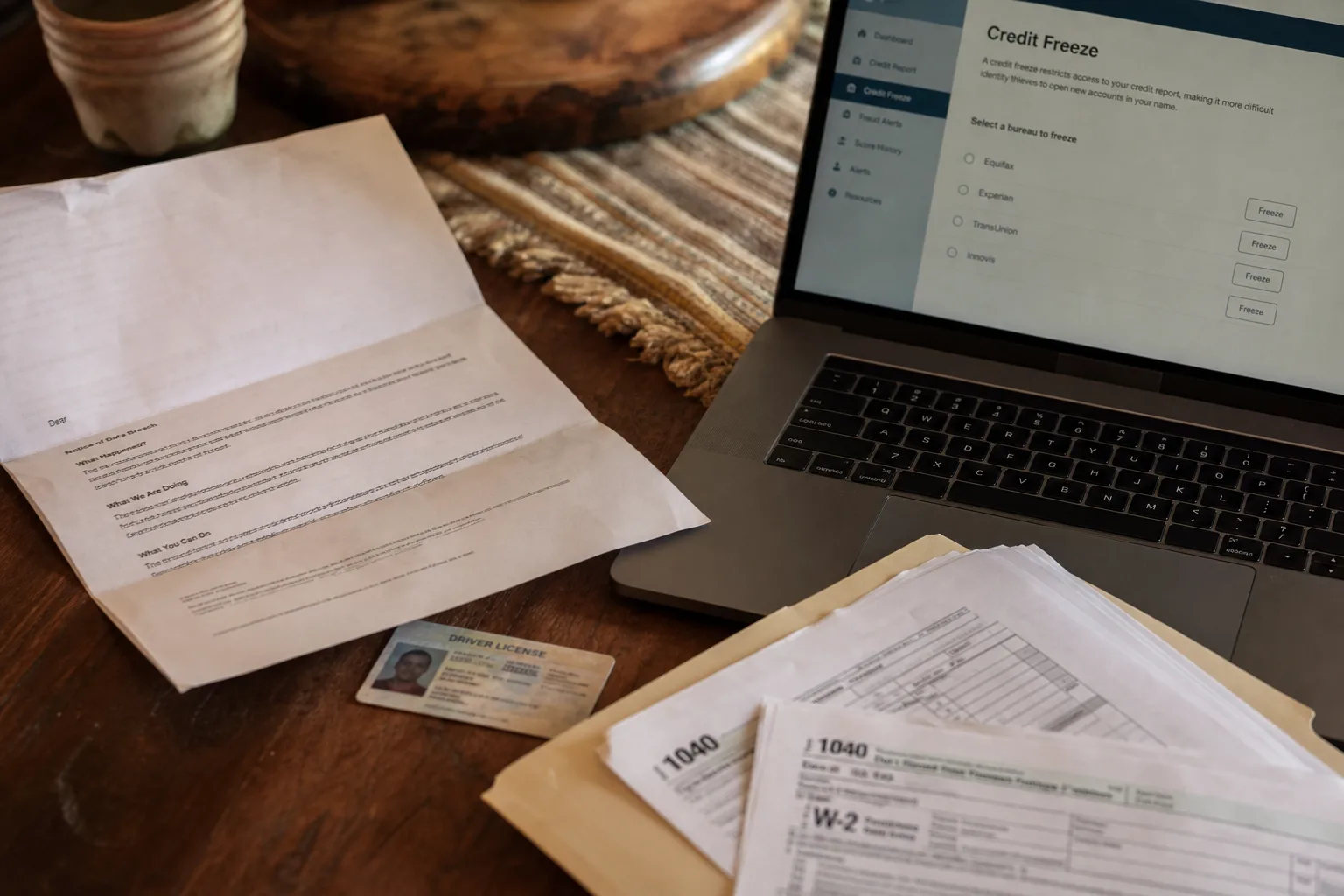 An opened data breach notification letter on a kitchen table beside a laptop showing a credit bureau freeze page, a driver's license, and a folder of tax pap...