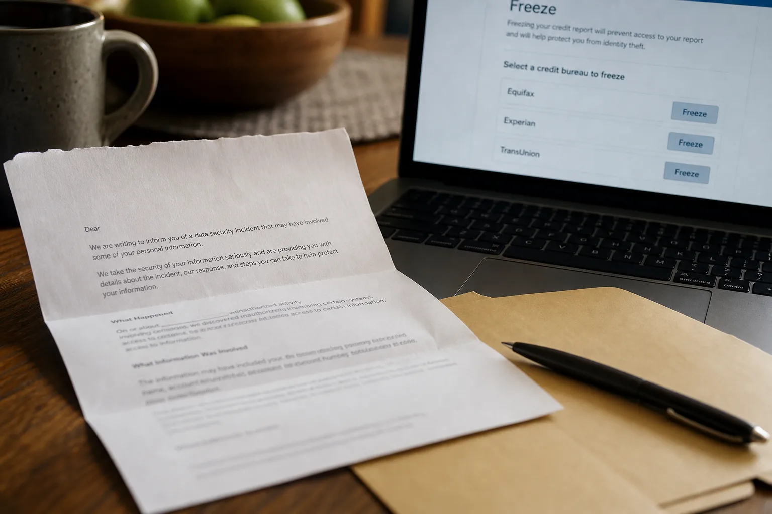 An opened data breach notification letter on a kitchen table beside a laptop showing a credit bureau freeze page, with a manila folder and a pen