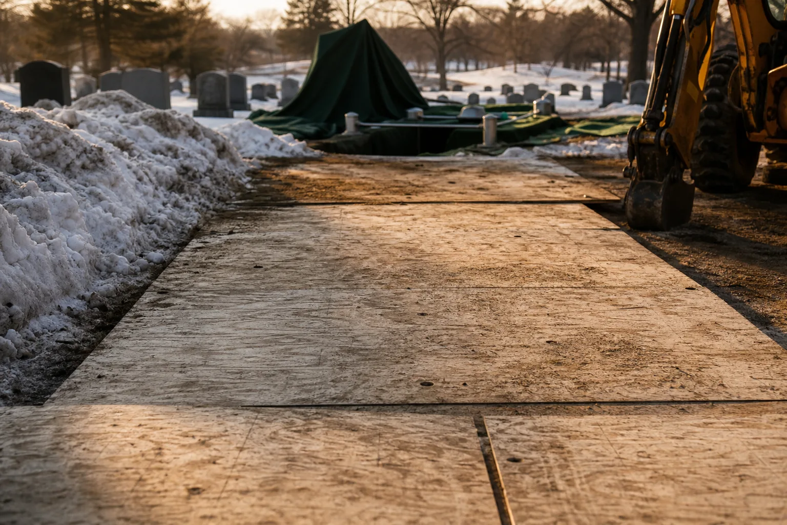 A cemetery in winter with snow cleared in a narrow lane, plywood ground-protection mats laid across frozen turf leading to an open grave, a small green canop...
