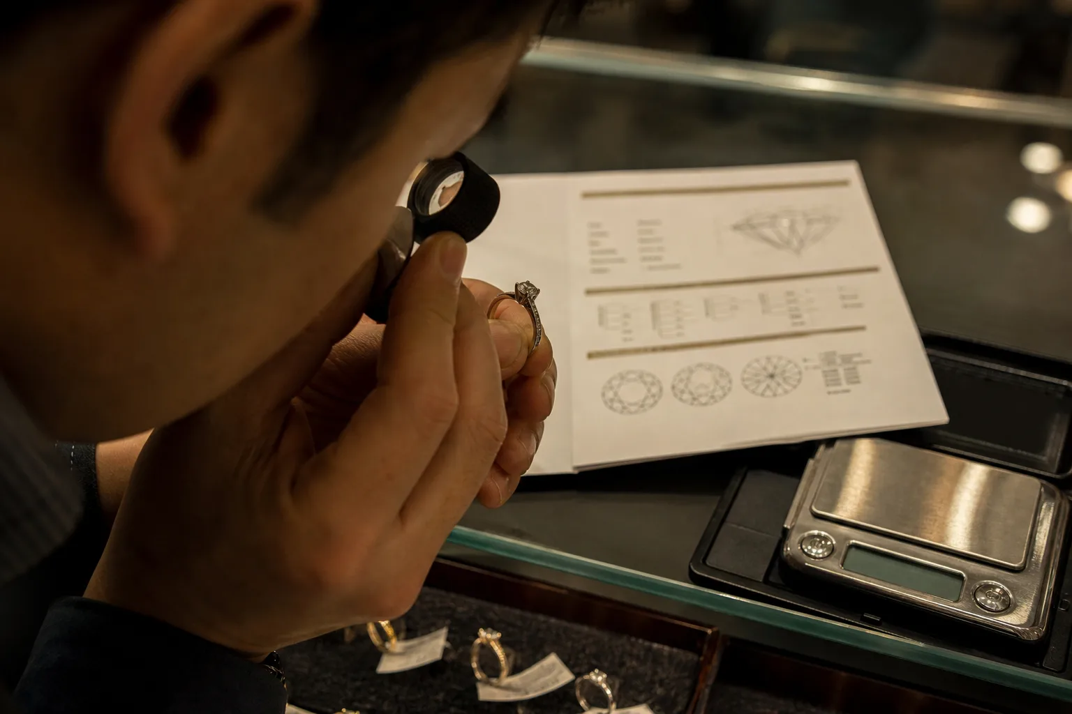 A person at a jewelry counter holding a 10x loupe to one eye while examining a ring, with a printed laboratory grading report and a small digital scale on th...