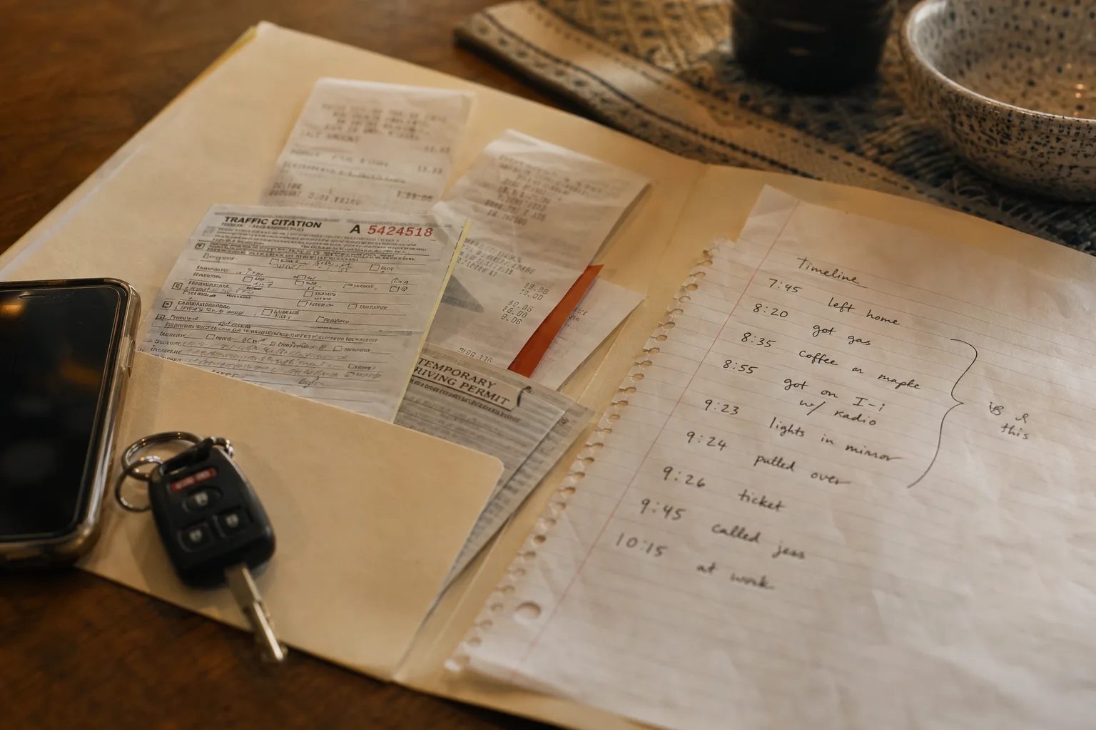A manila folder open on a kitchen table holding a traffic citation, a temporary driving permit, receipts and a handwritten timeline on lined paper, with a ph...