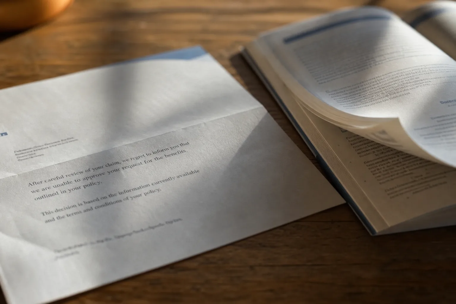 A denial letter on company stationery lying beside an opened policy booklet, corner curled