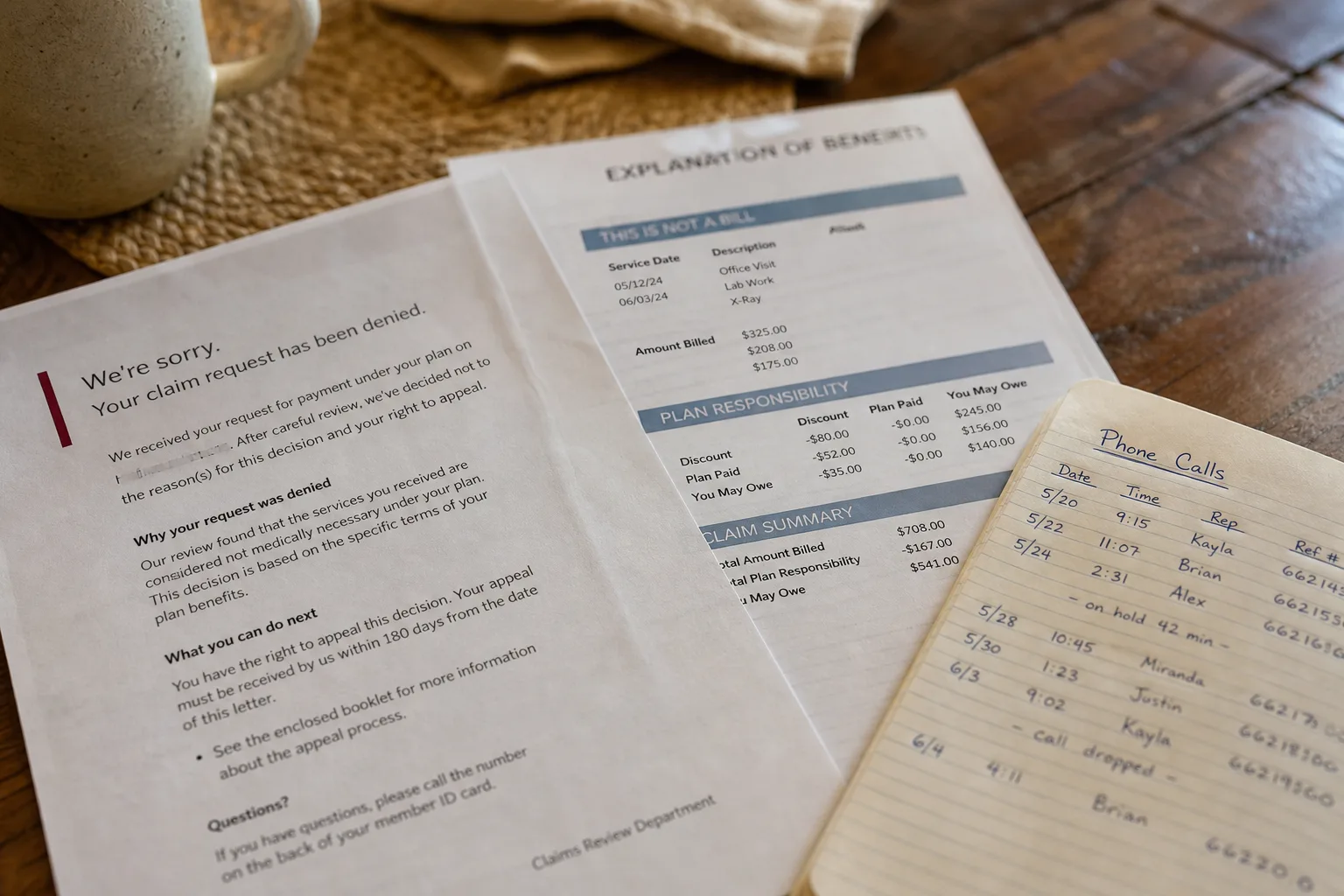 A denial letter and an explanation of benefits statement laid out on a kitchen table beside a handwritten log of phone calls and reference numbers