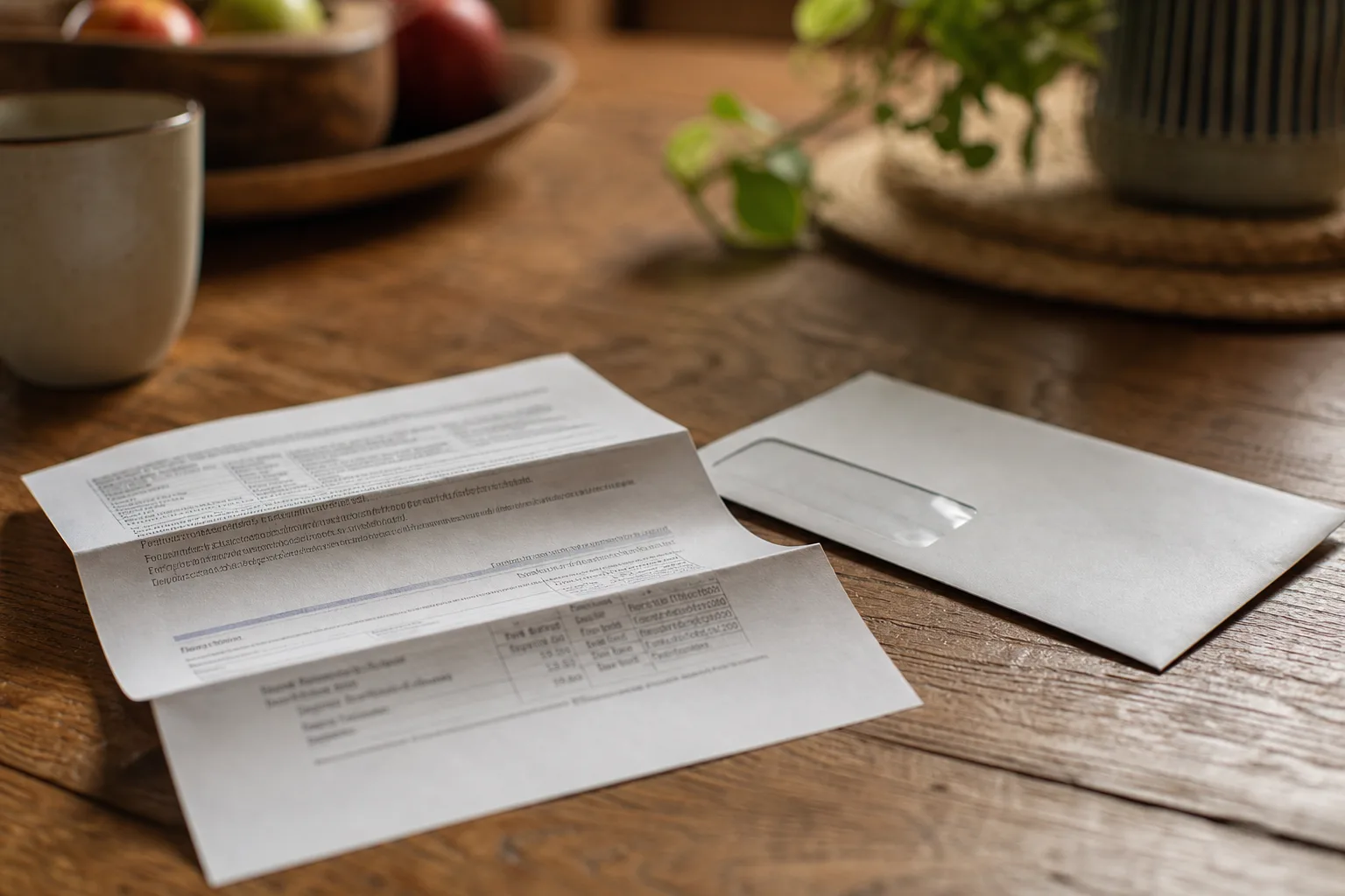 A printed tax notice folded in thirds on a kitchen table beside an unopened window envelope