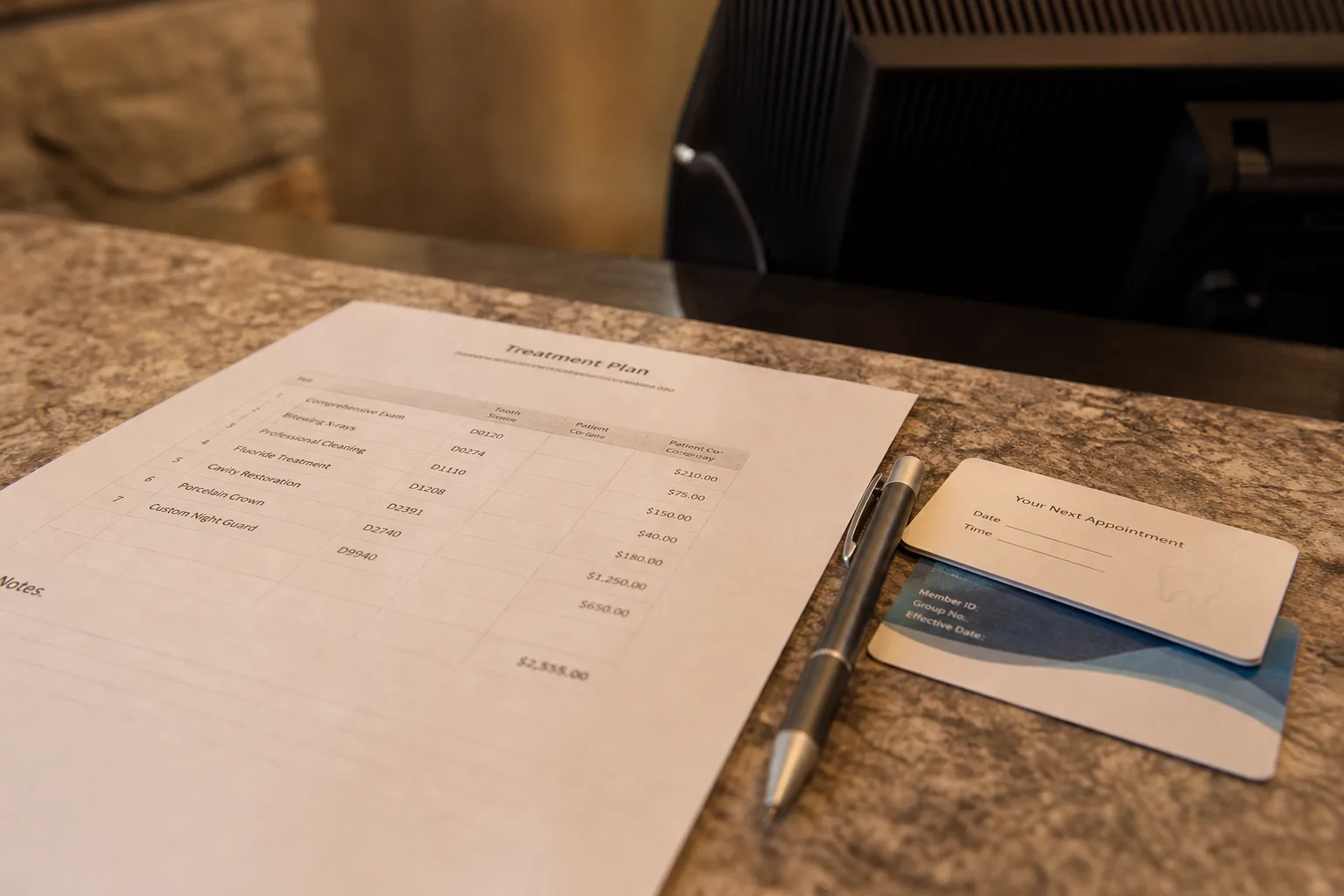 A printed treatment plan on a clinic front-desk counter beside a pen, an appointment card, and an insurance card, with a reception computer monitor behind it