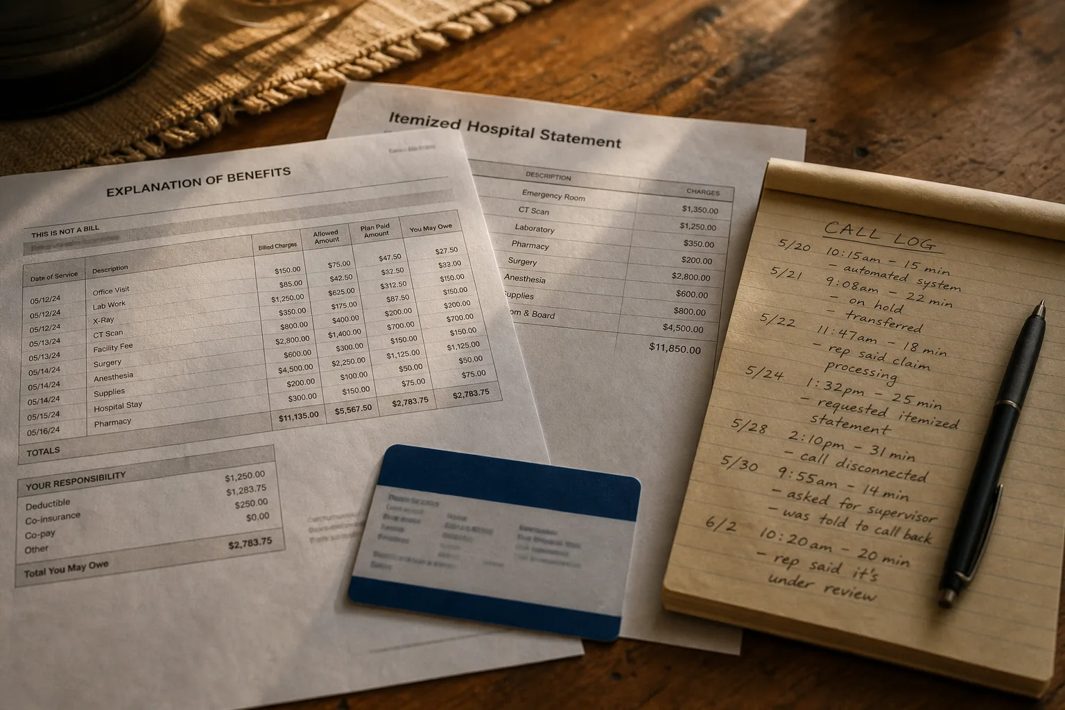 A kitchen table with a medical explanation of benefits form, an itemized hospital statement, an insurance card, and a handwritten call log on a notepad, arra...