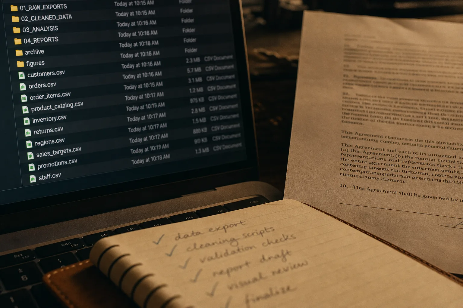 A laptop screen showing a file directory of exported folders and CSV files, beside a printed contract page and a notepad with handwritten checkmarks