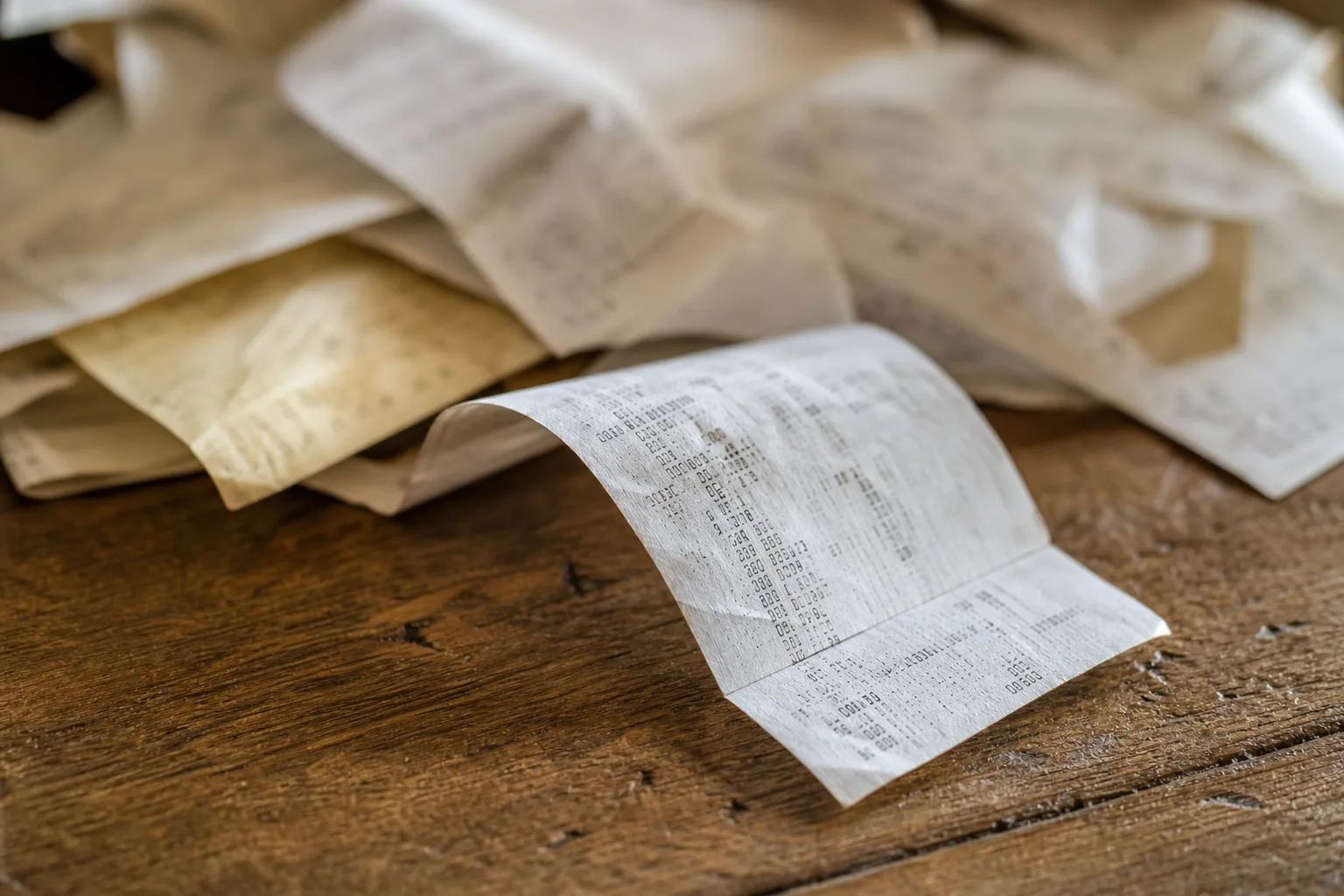 A pile of paper receipts tipped across a wooden table, one folded receipt curling in the foreground