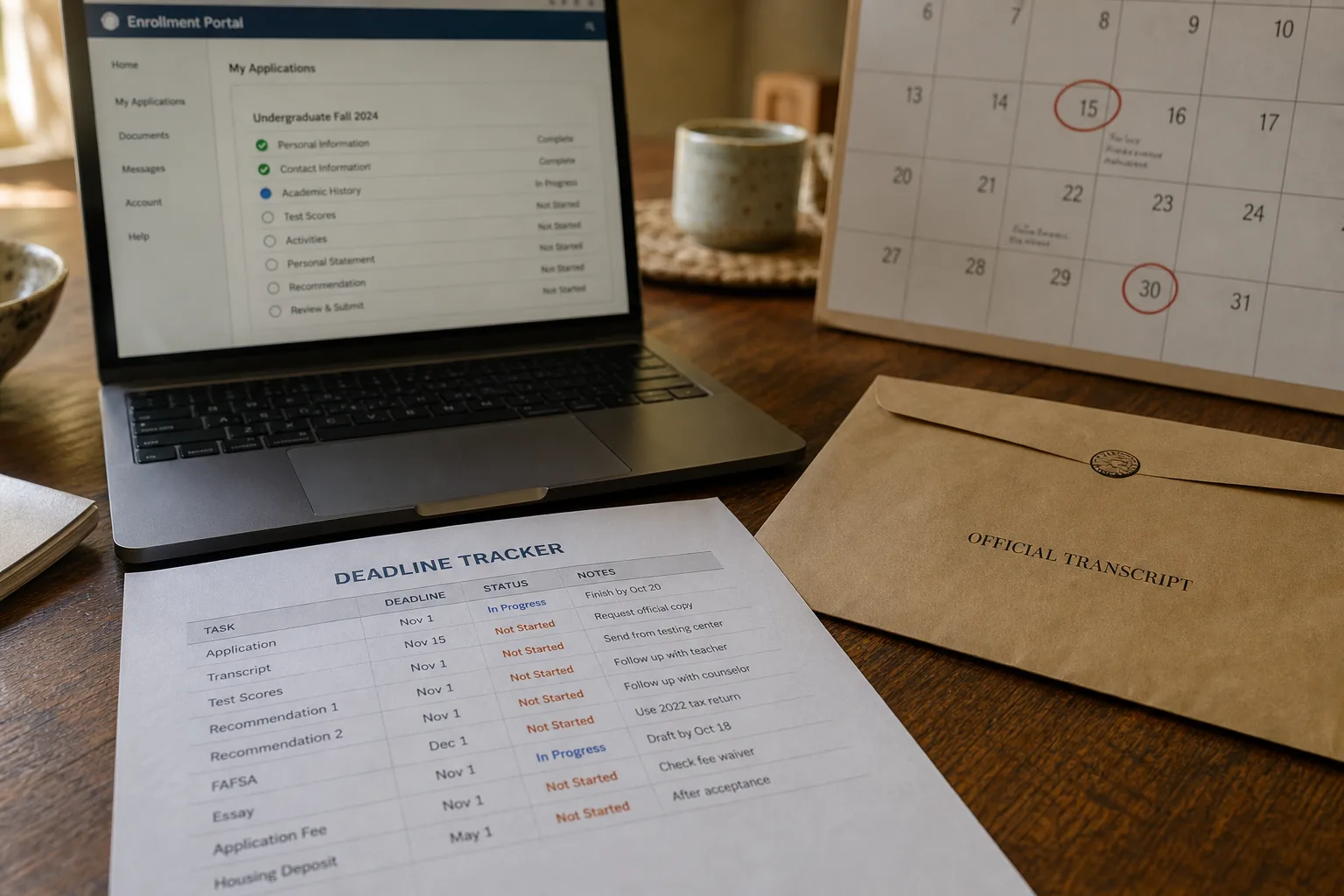 A kitchen table with a printed one-page deadline tracker, a laptop showing a school enrollment portal, a sealed transcript envelope, and a wall calendar with...