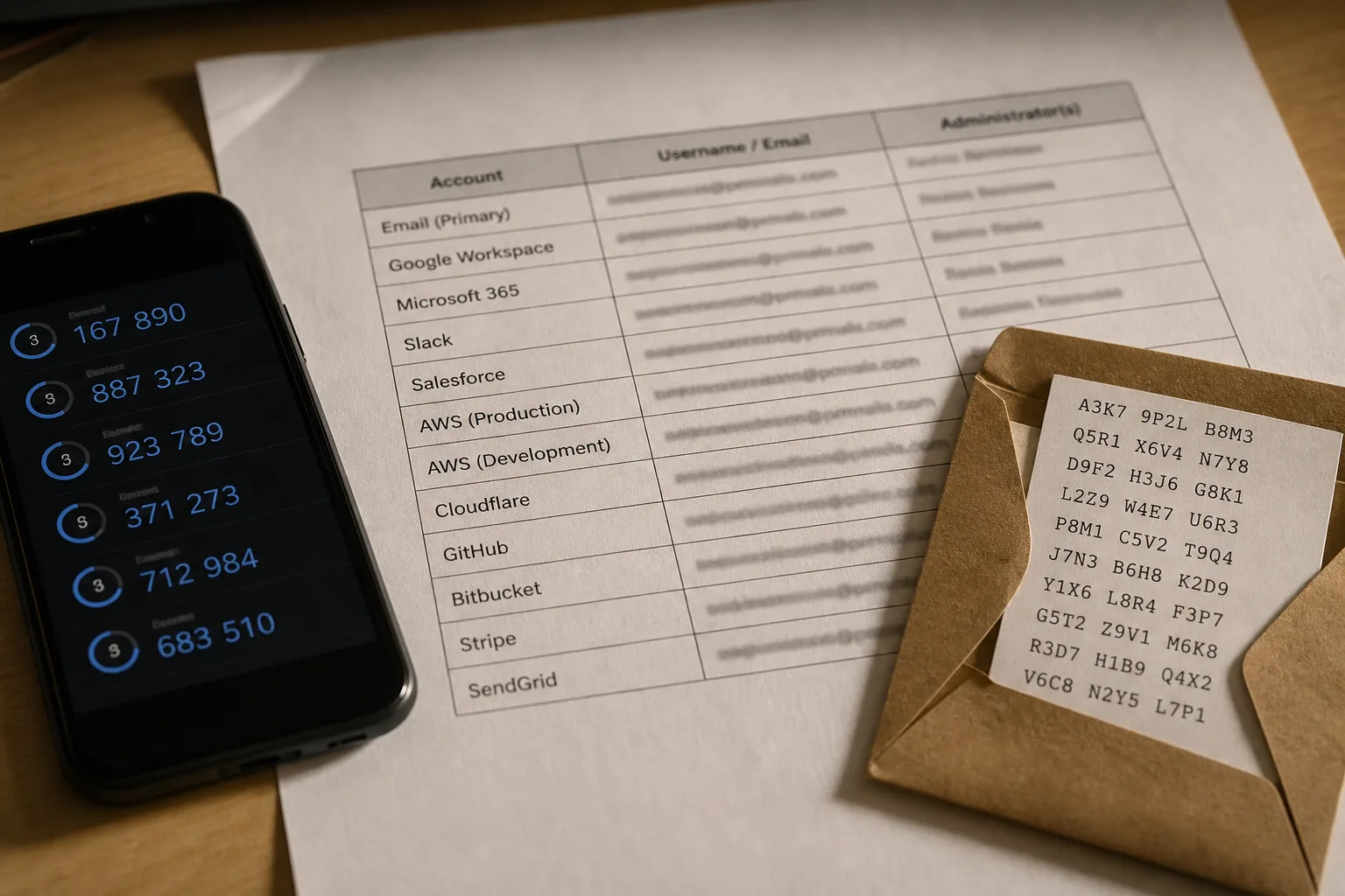 A printed single-page list of online accounts and administrators on an office desk beside a phone showing an authenticator app and a small envelope of printe...