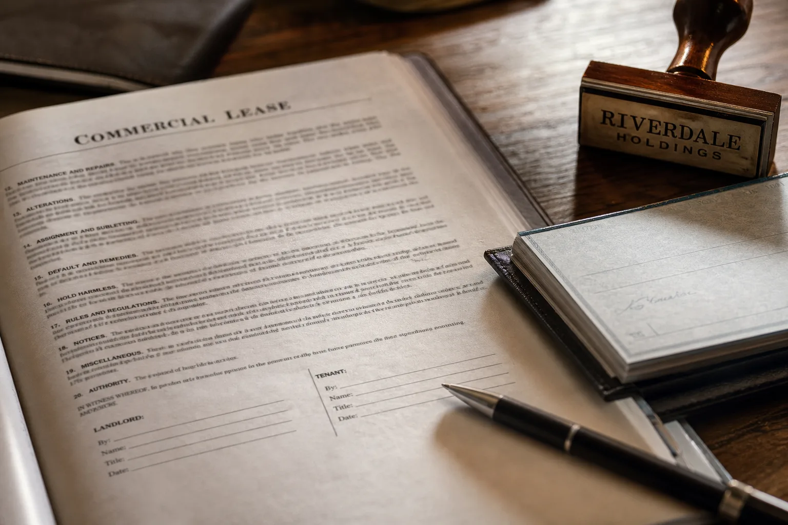 A commercial lease document open on a desk beside a company checkbook and a rubber stamp bearing a business name, with a pen resting on the signature block