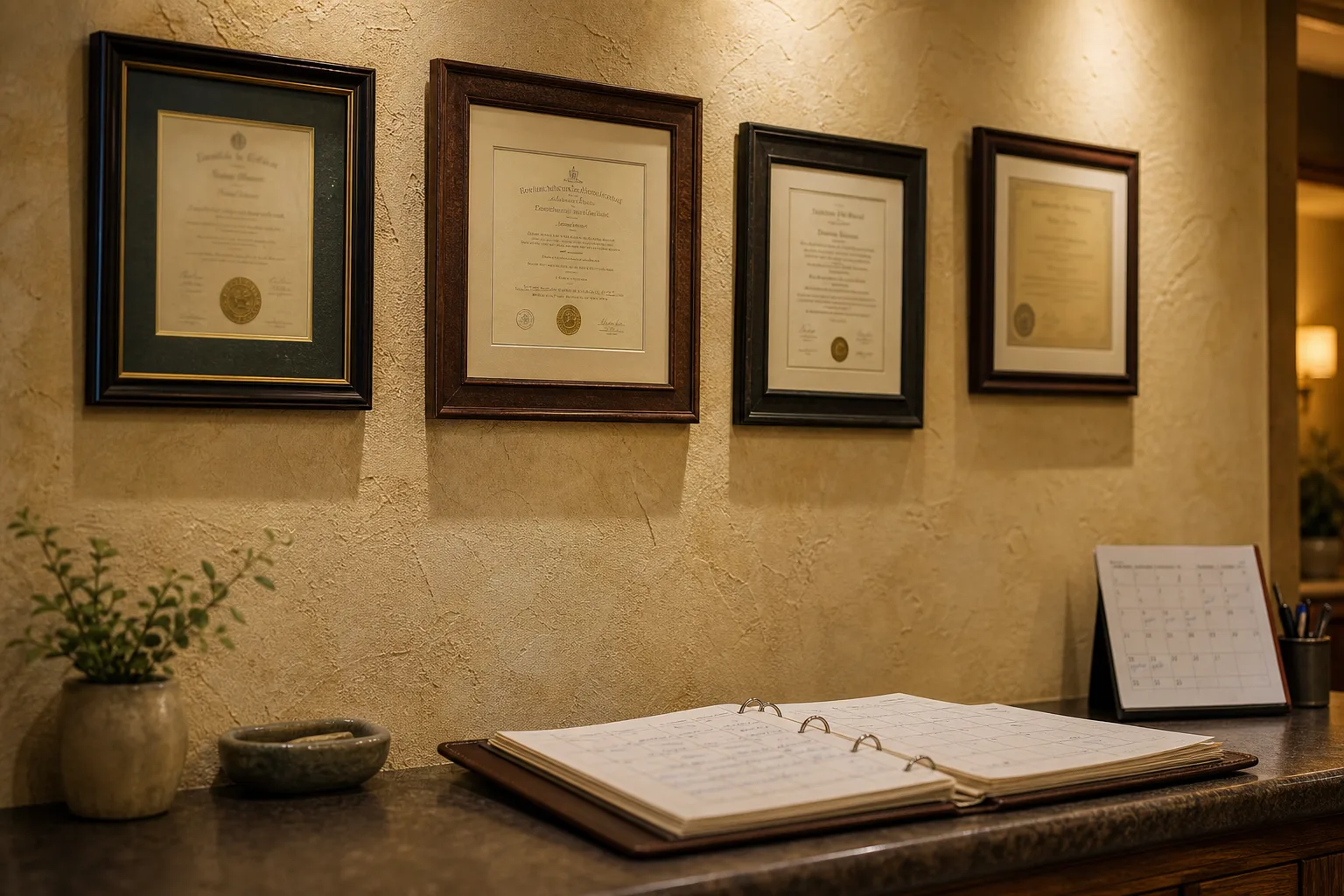 A clinic reception wall with four framed certificates hung in a row, slightly uneven, above a front desk with an open appointment binder and a wall calendar