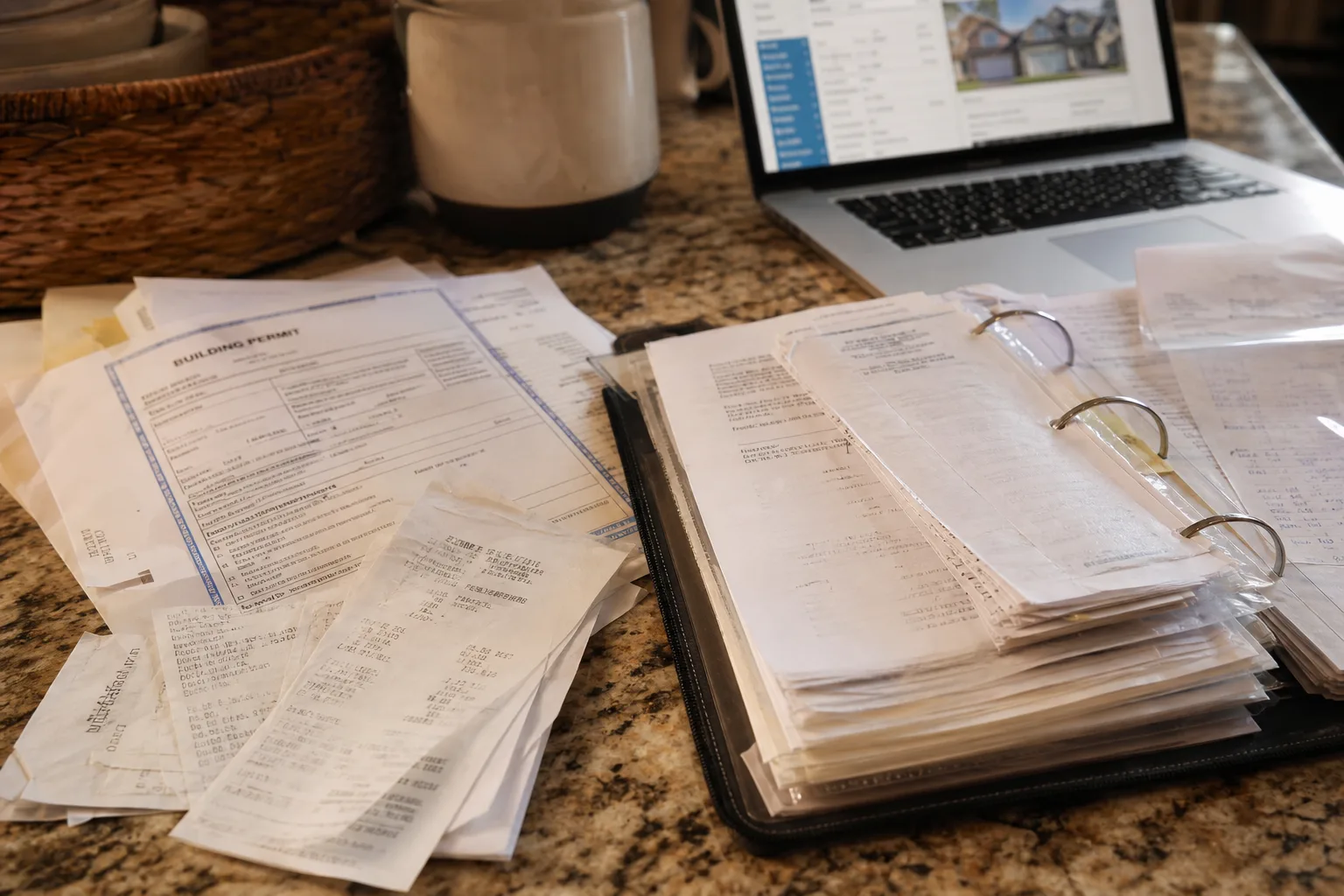 A homeowner's kitchen counter covered with renovation receipts, a permit placard, and an open three-ring binder of invoices beside a laptop showing a propert...