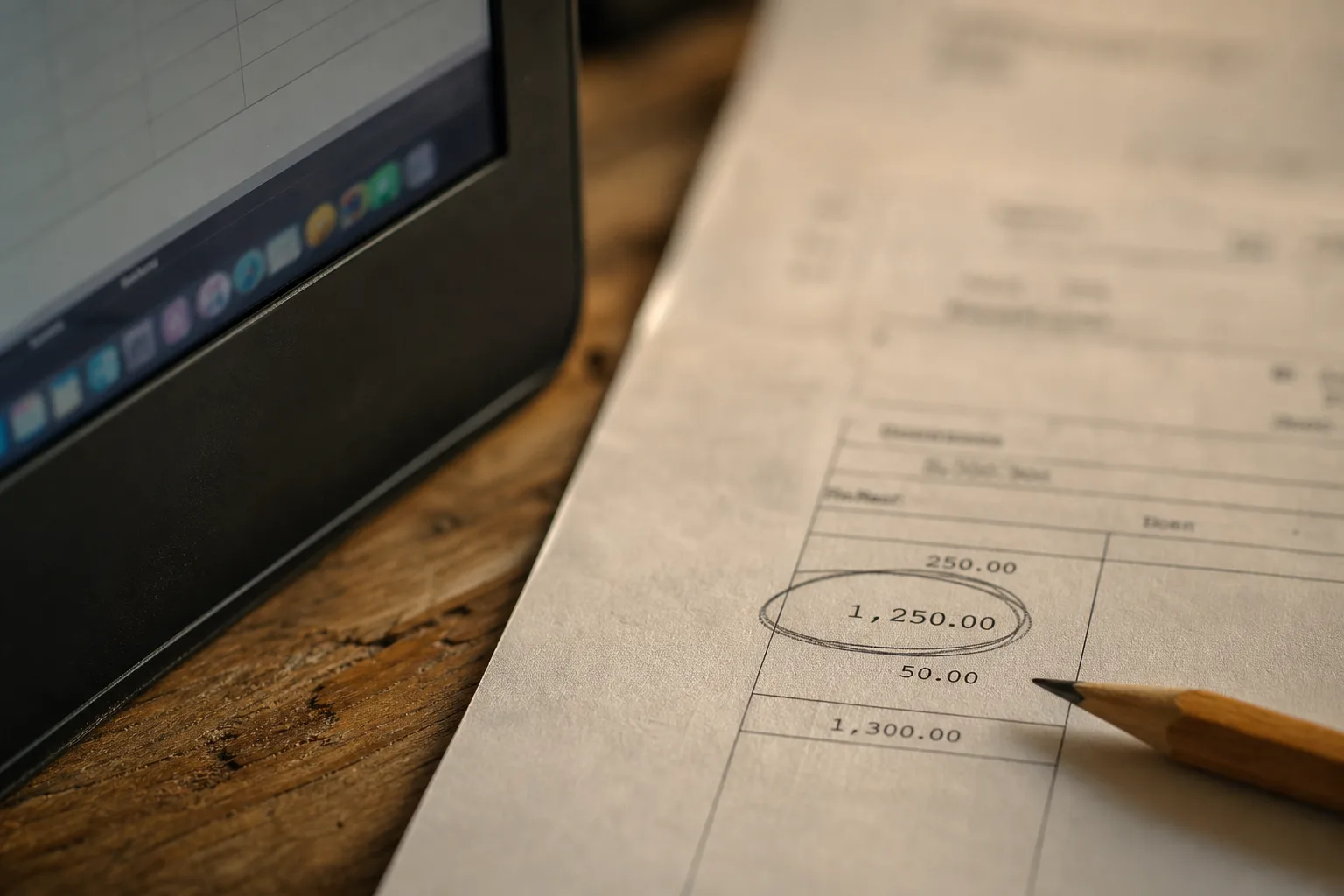 A laptop screen edge beside a printed invoice with a figure circled in pencil