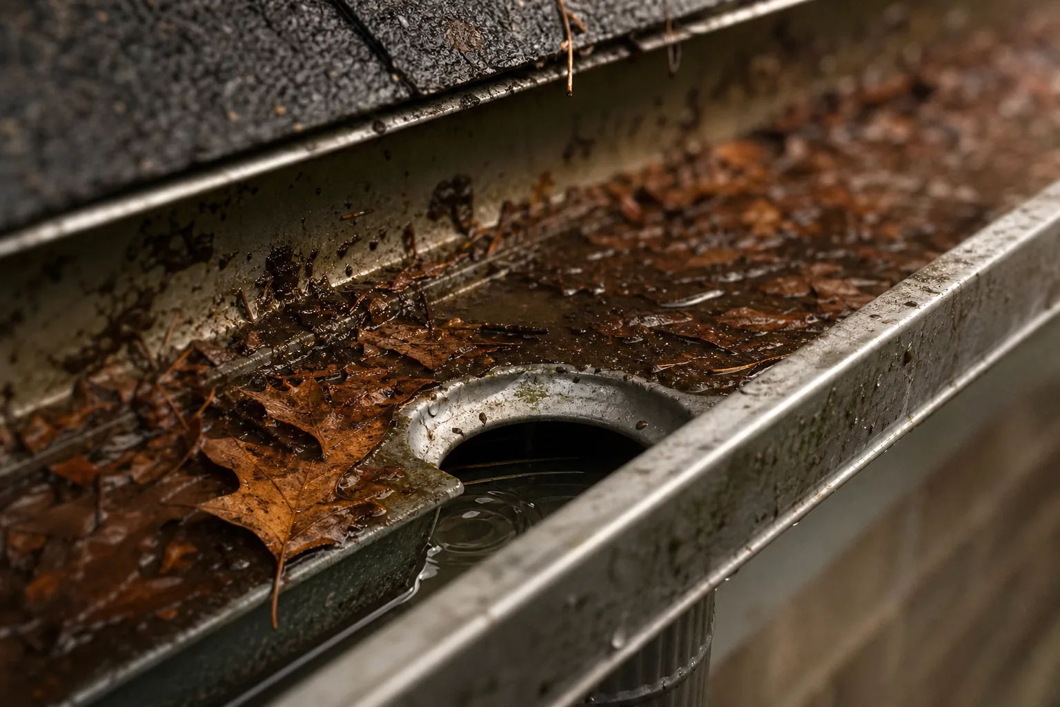 A section of aluminum gutter packed with wet leaves and grit, water standing at the outlet