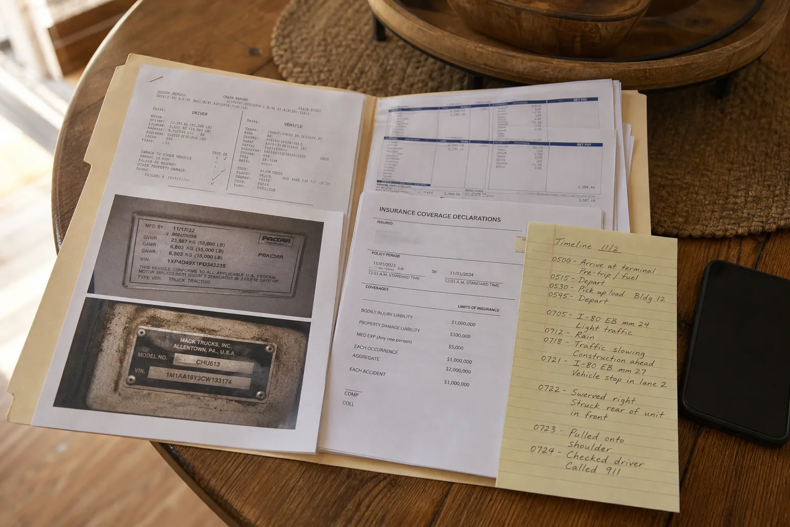 A manila folder open on a kitchen table holding a crash report, printed photographs of a tractor-trailer's door placard and plate, pay stubs, an insurance de...