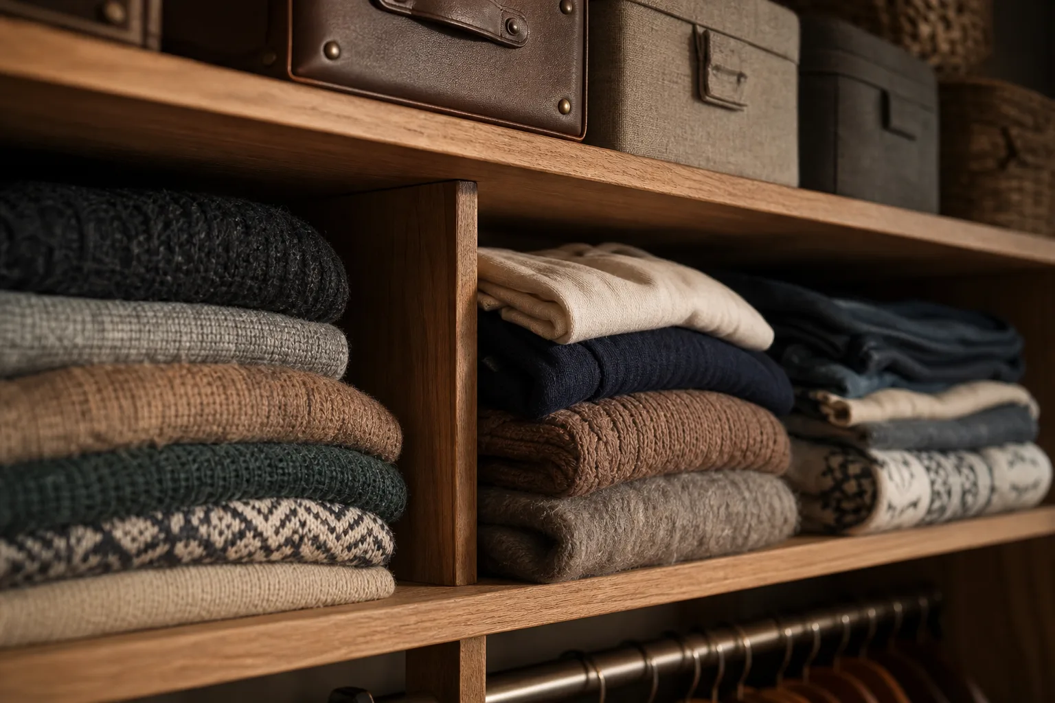 An open closet interior with folded clothing stacked on shelves and boxes tucked along the top rail