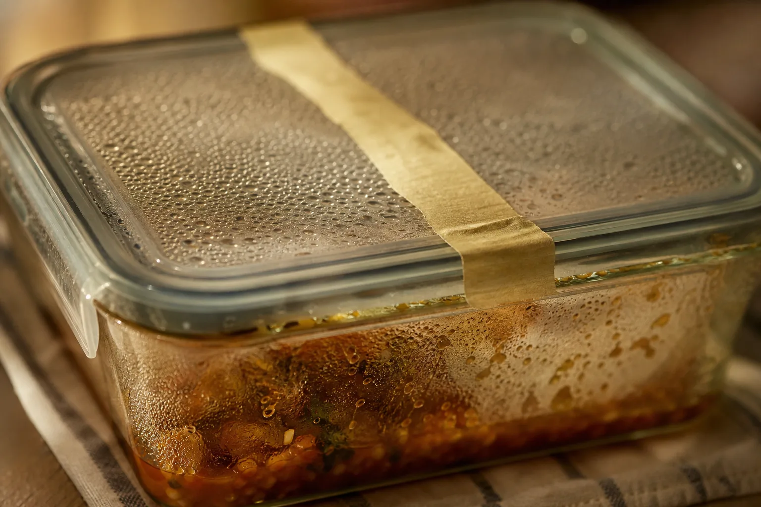 A glass container of leftovers with a strip of masking tape across the lid, condensation inside