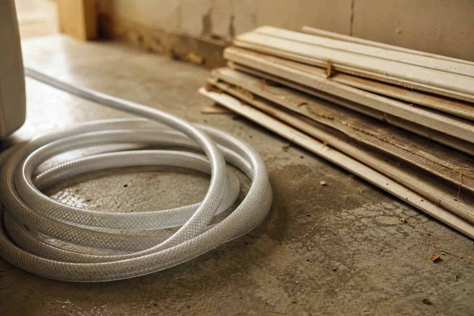 A dehumidifier hose coiled on a bare concrete floor beside a stack of removed baseboard