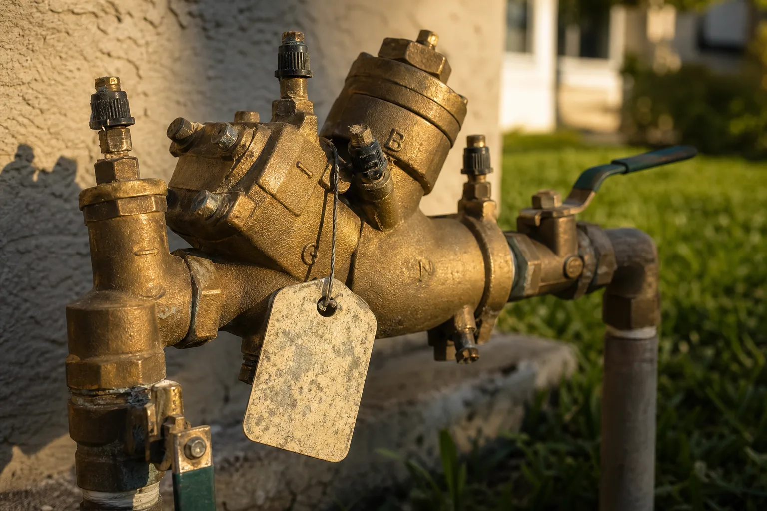 A brass backflow prevention assembly mounted above ground near a residential lawn, with a weather-faded inspection tag wired to the valve body