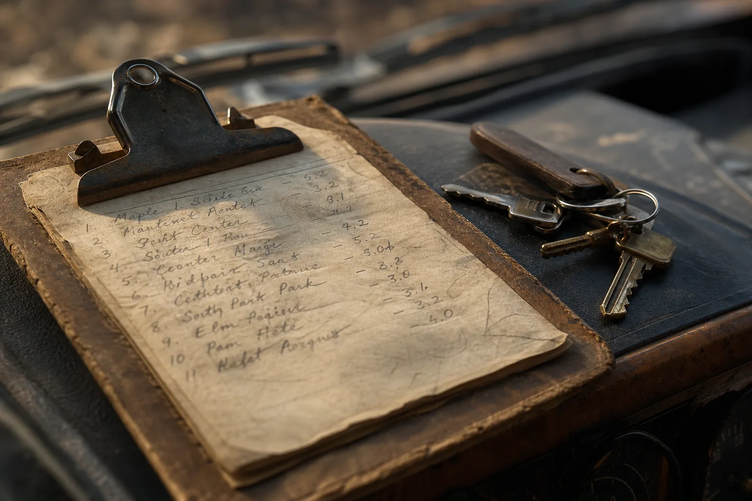 A worn clipboard on a truck dashboard with a handwritten route list, keys resting beside it