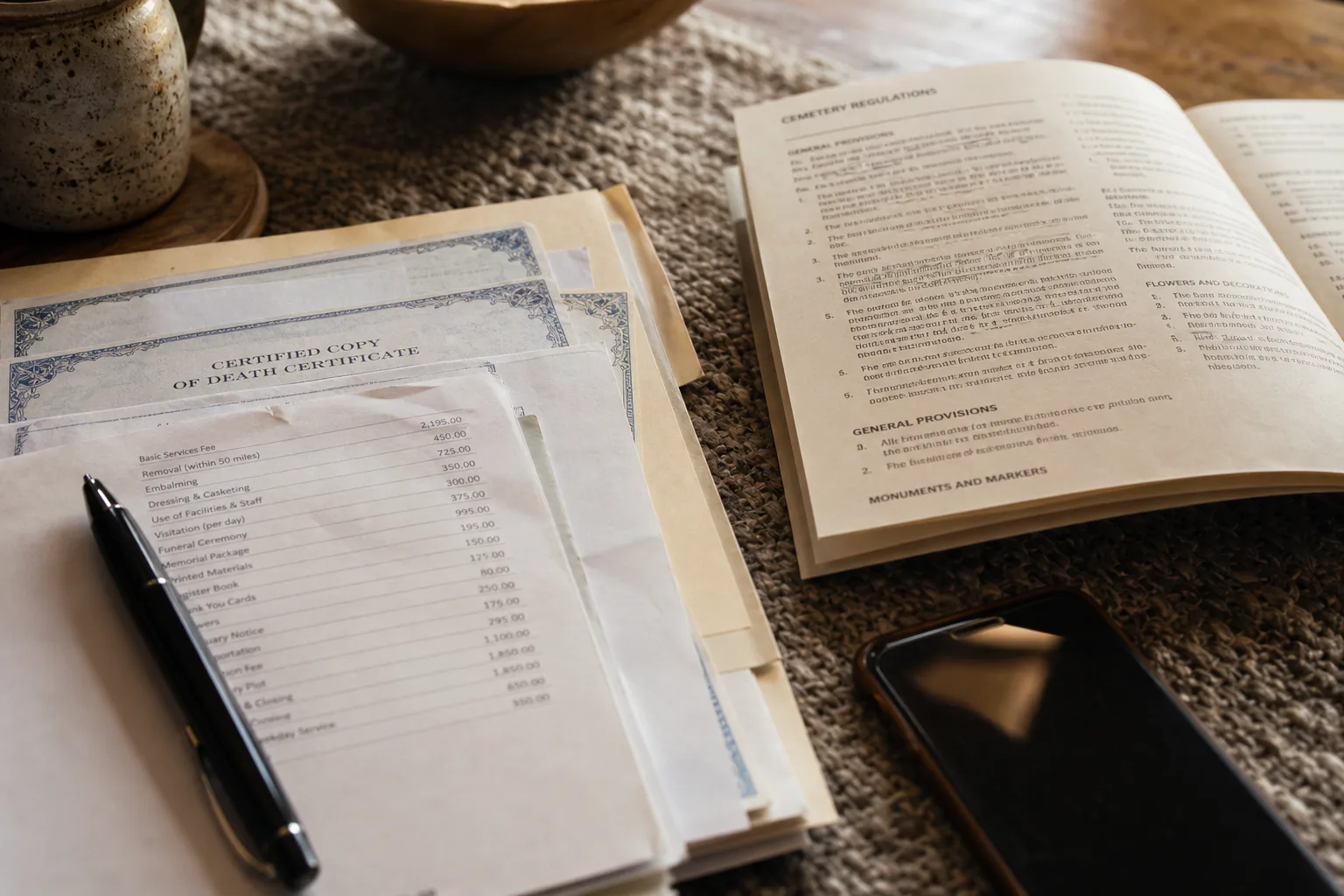 A kitchen table with a folder of paperwork, certified death certificate copies, an itemized price list, a phone, and a pen, with a cemetery regulations bookl...