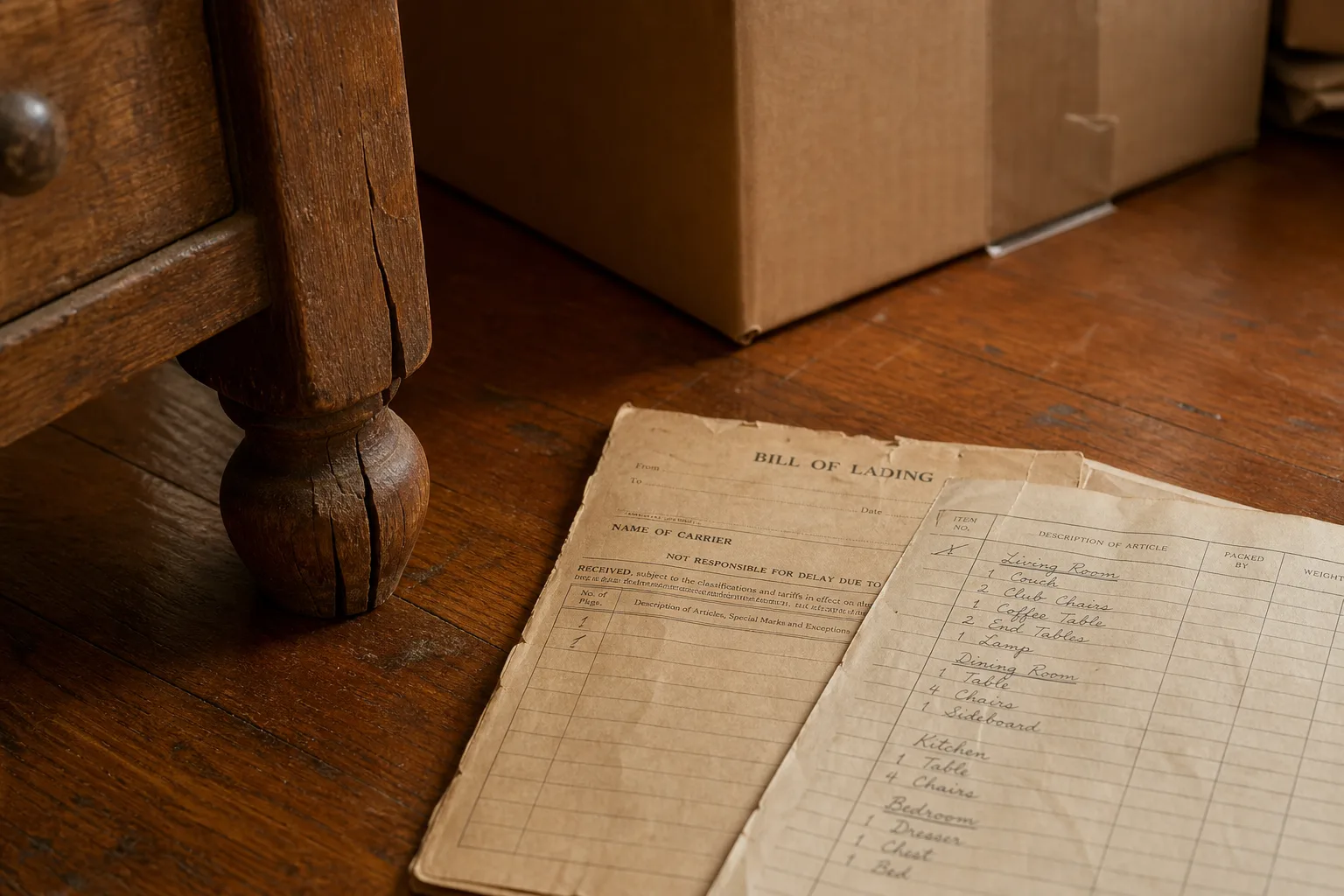 A cracked wooden dresser leg and a moving company's paper bill of lading and inventory sheet resting together on a bare hardwood floor beside unopened cardbo...