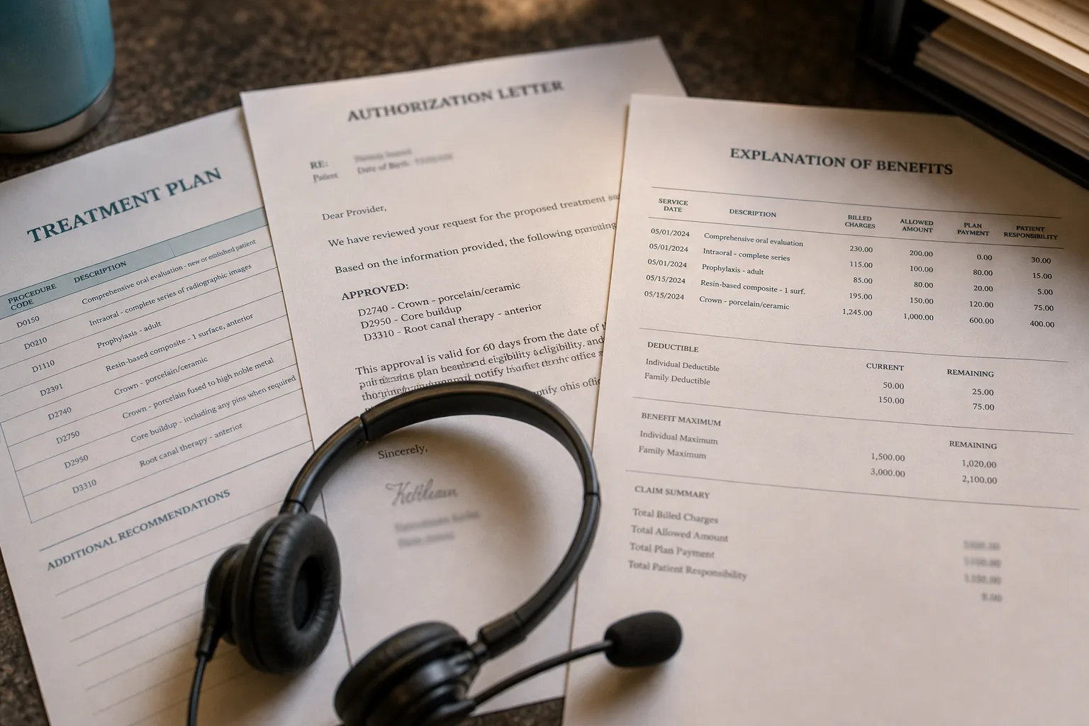 A clinic billing office desk with a printed treatment plan, an authorization letter, and an explanation of benefits statement spread side by side, with a pho...