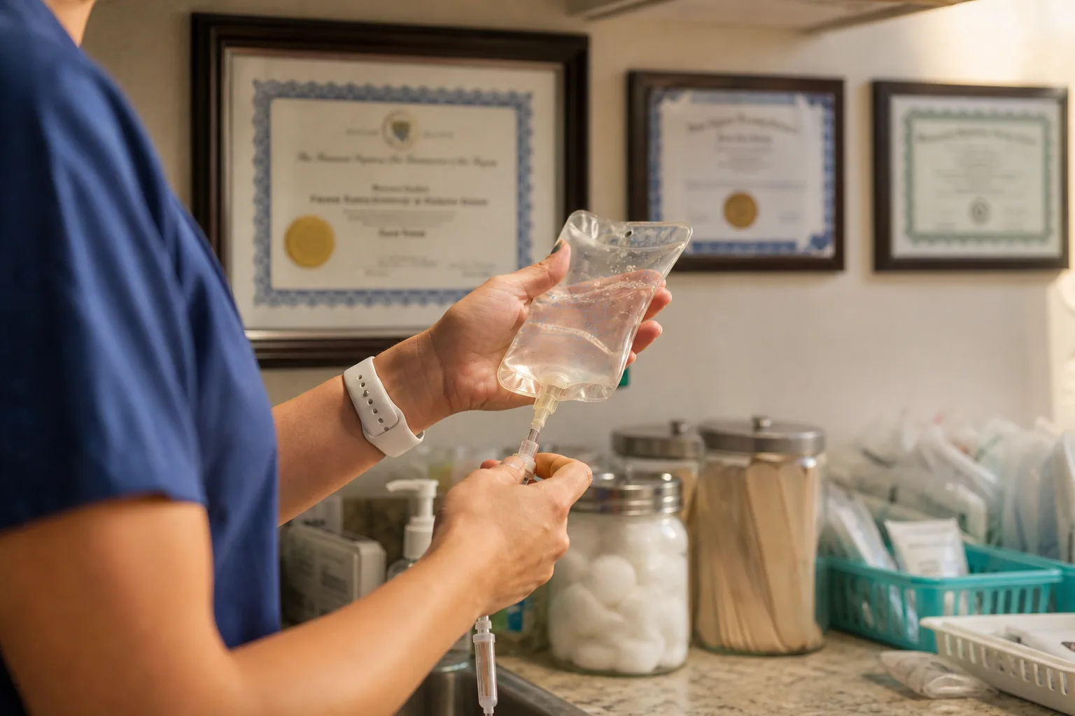 A medical assistant preparing an intravenous infusion bag at a clinic supply counter, with a framed state license and several certificates visible on the wal...