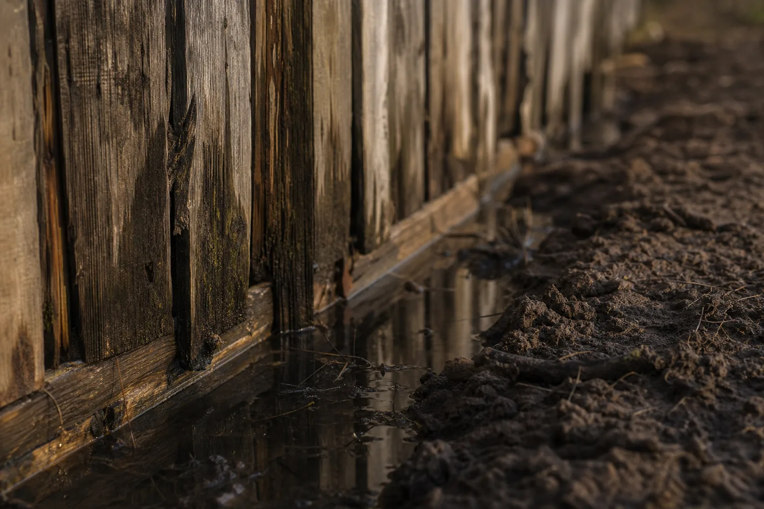 A weathered wooden fence line with standing water pooled along its base and disturbed soil beyond