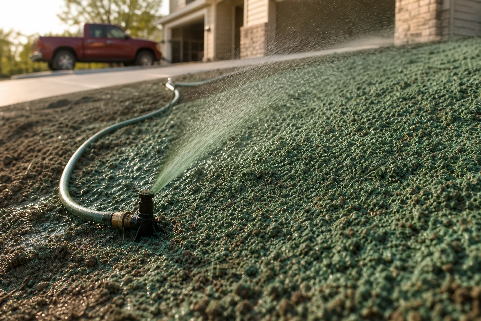 A residential yard mid-establishment, freshly sprayed green mulch slurry covering graded bare soil on a gentle slope, with a sprinkler head and a garden hose...