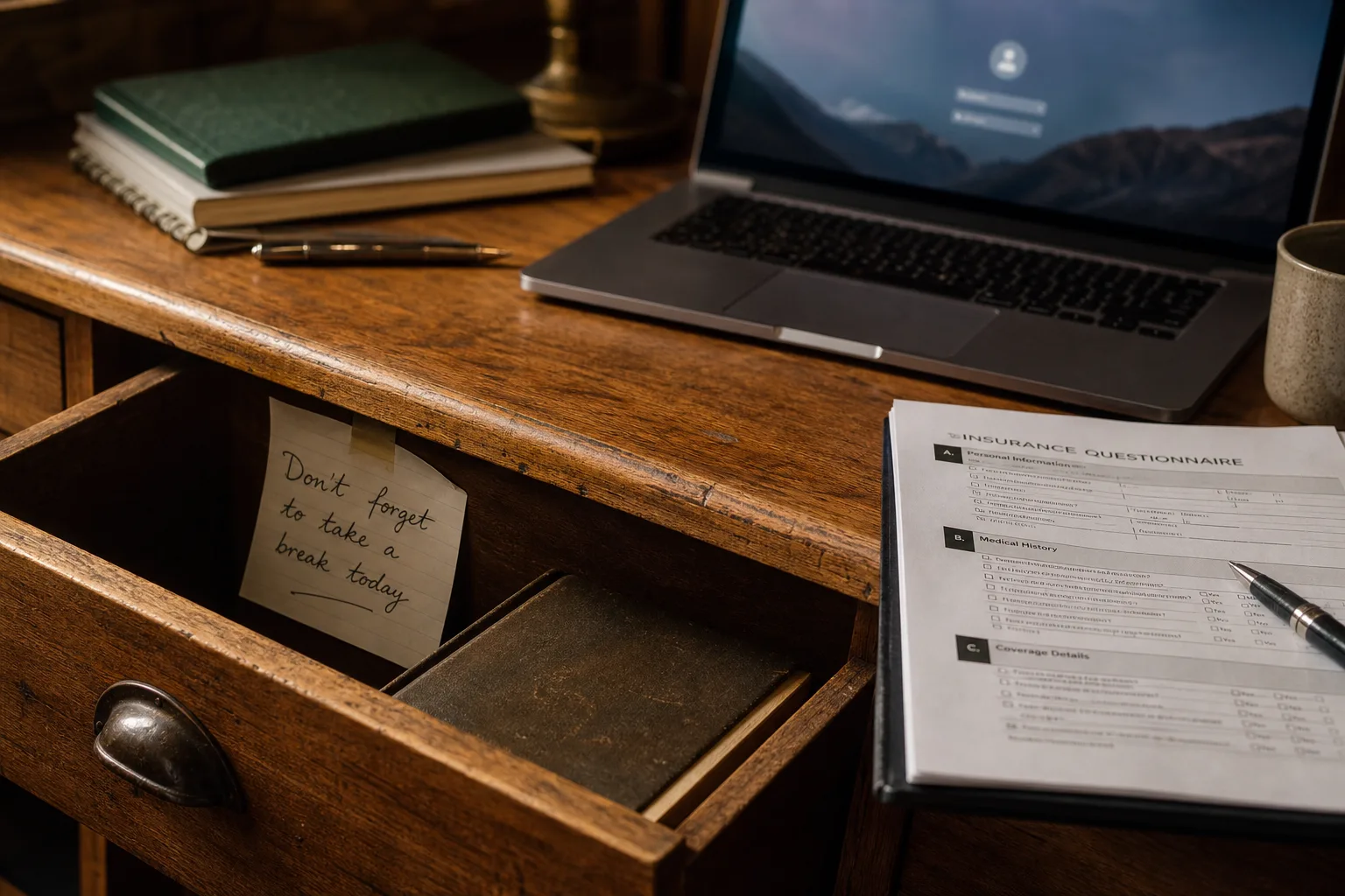 A small office desk with an open drawer showing a handwritten note taped inside, a laptop displaying a login screen, and a printed insurance questionnaire be...
