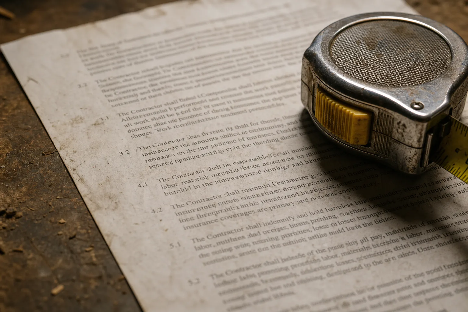 A single printed page of contract terms on a workbench, weighted at the corner by a metal tape measure