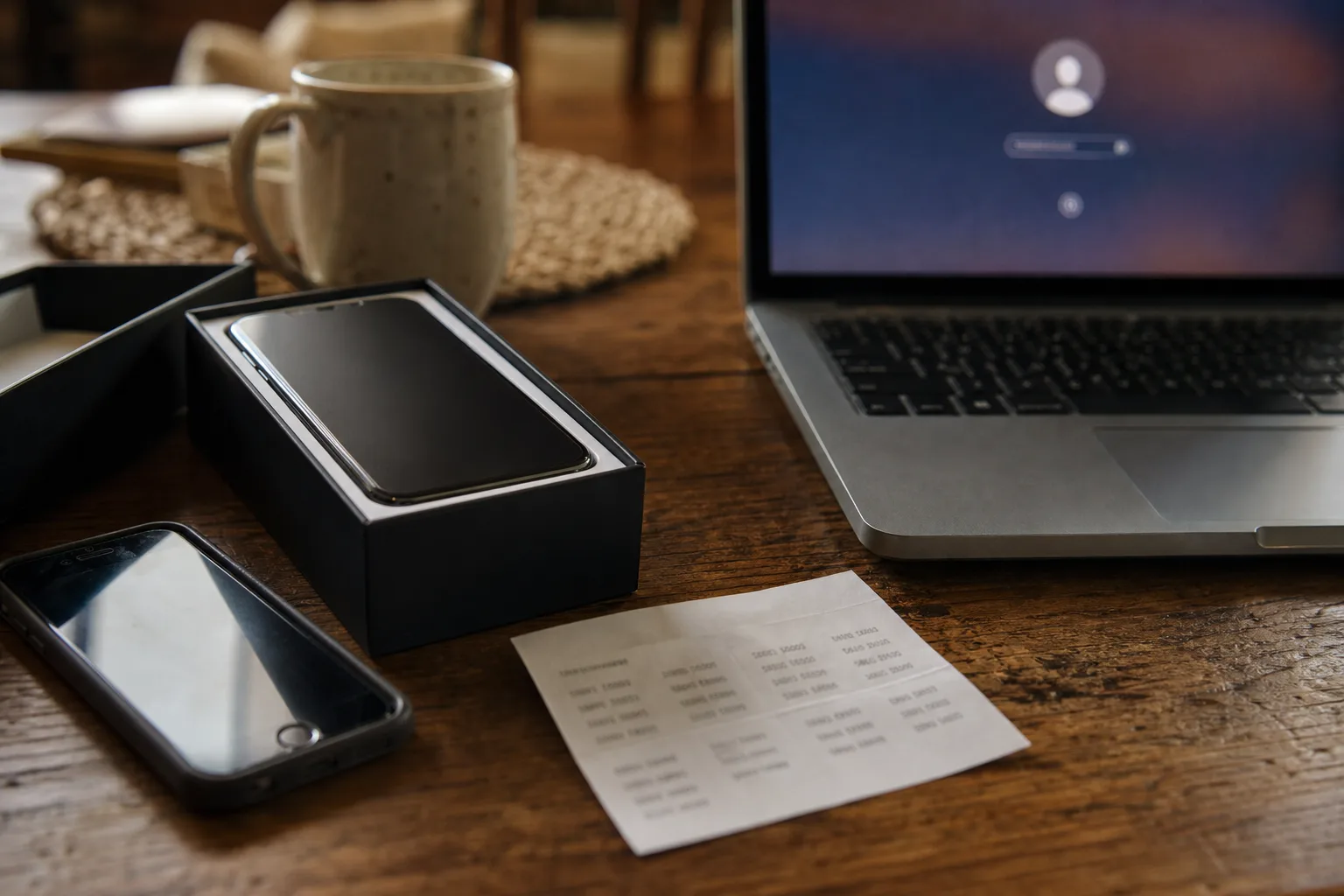 A kitchen table with a new smartphone still in its box beside an older phone, a small printed sheet of backup codes, and a laptop showing a login screen