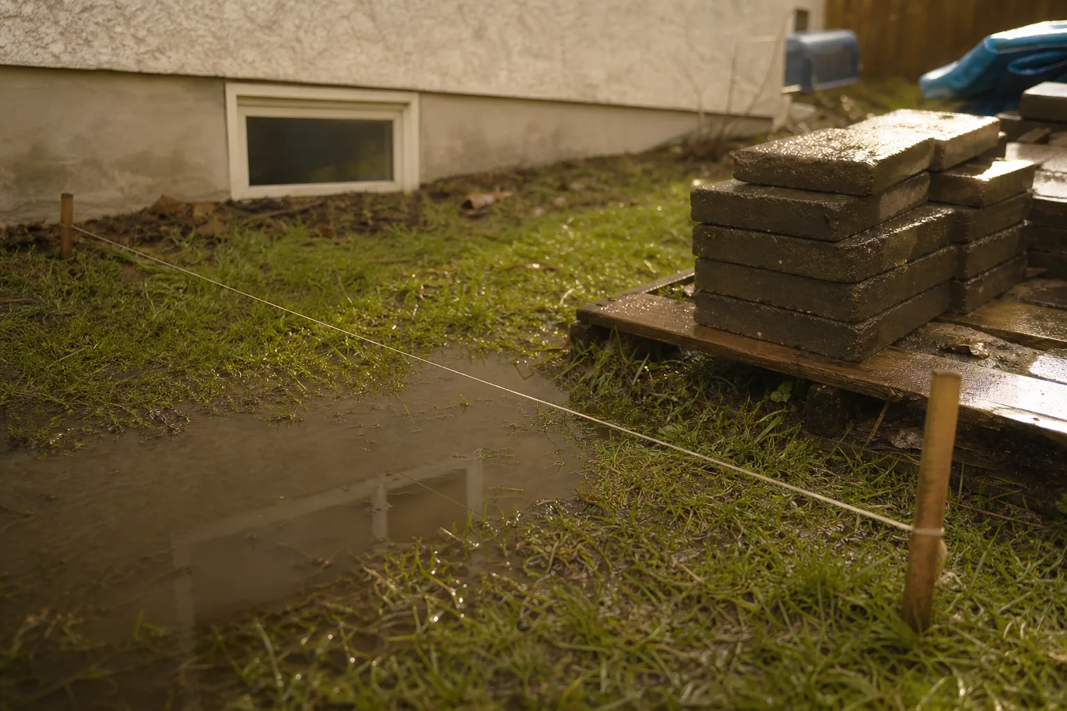 A backyard behind a split-level house after rain, with a shallow pool of standing water in a low spot on the lawn a few feet from the foundation, a stack of...
