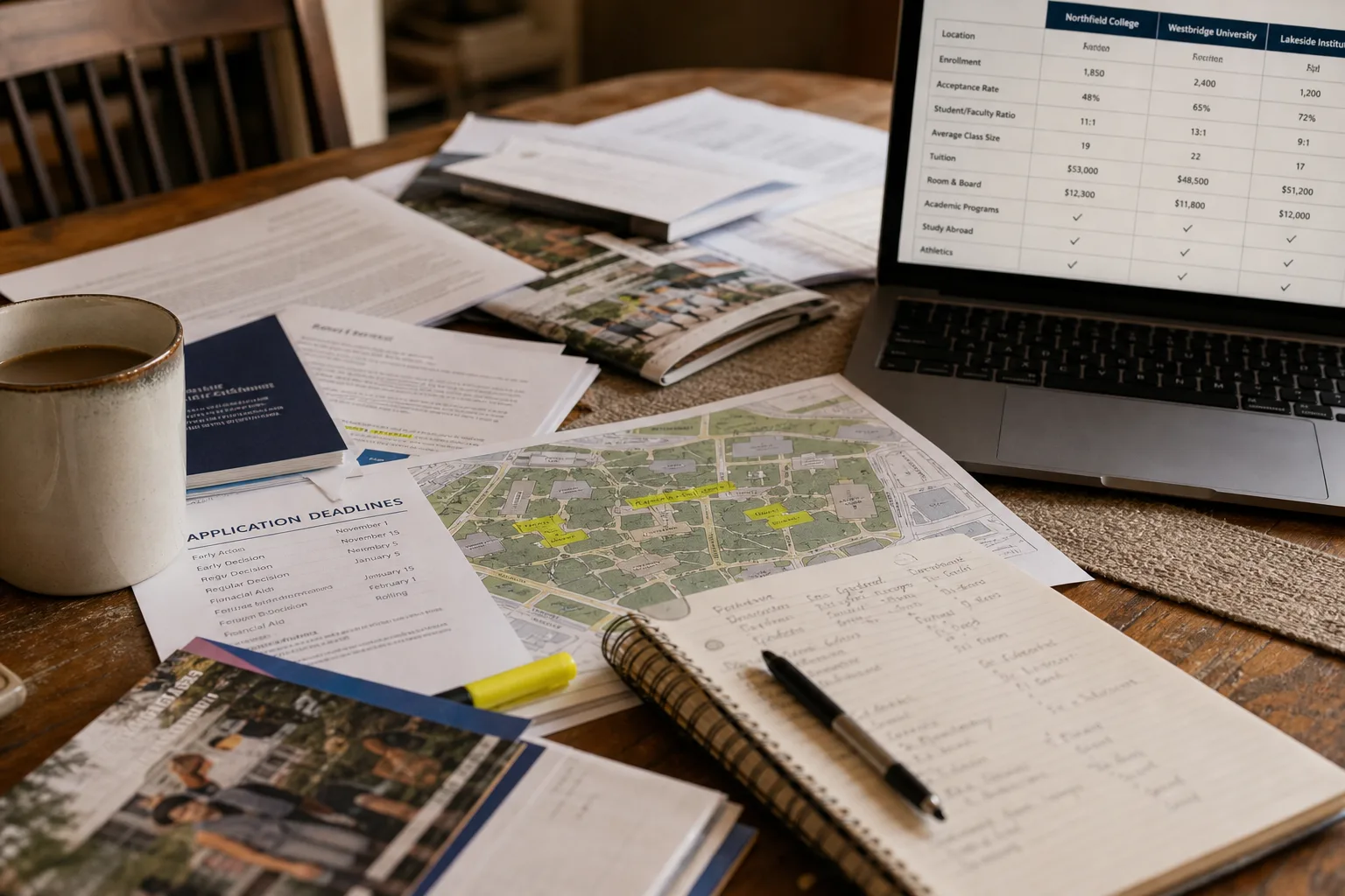 A kitchen table covered with school enrollment packets, printed application deadlines, a highlighted campus map and a laptop showing a comparison table, with...