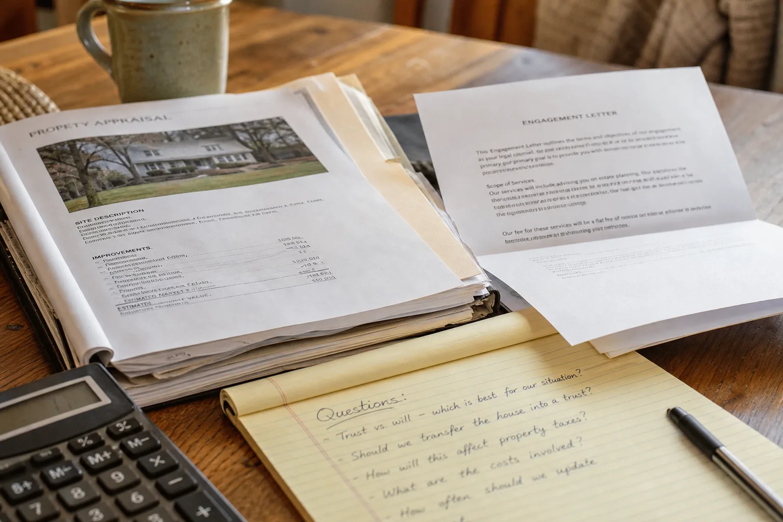 A kitchen table with an opened engagement letter, a legal pad with handwritten questions, a calculator, and a folder of estate documents including a property...