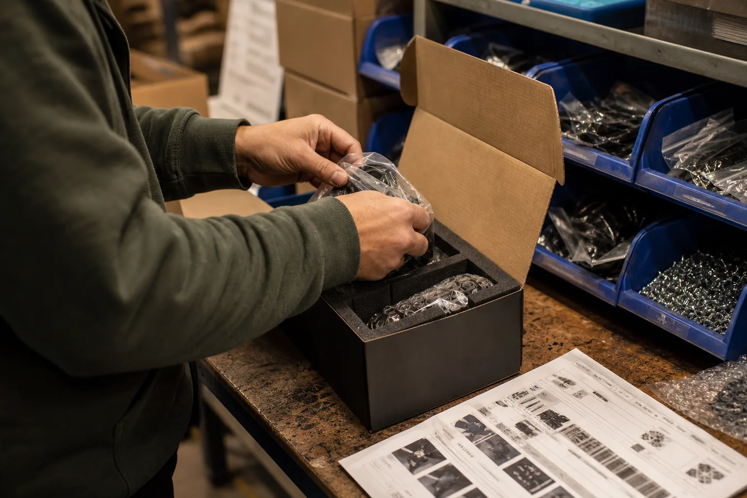 A warehouse worker at a packing station assembling a multi-component product kit into a retail box, with component bins and a printed work order visible on t...