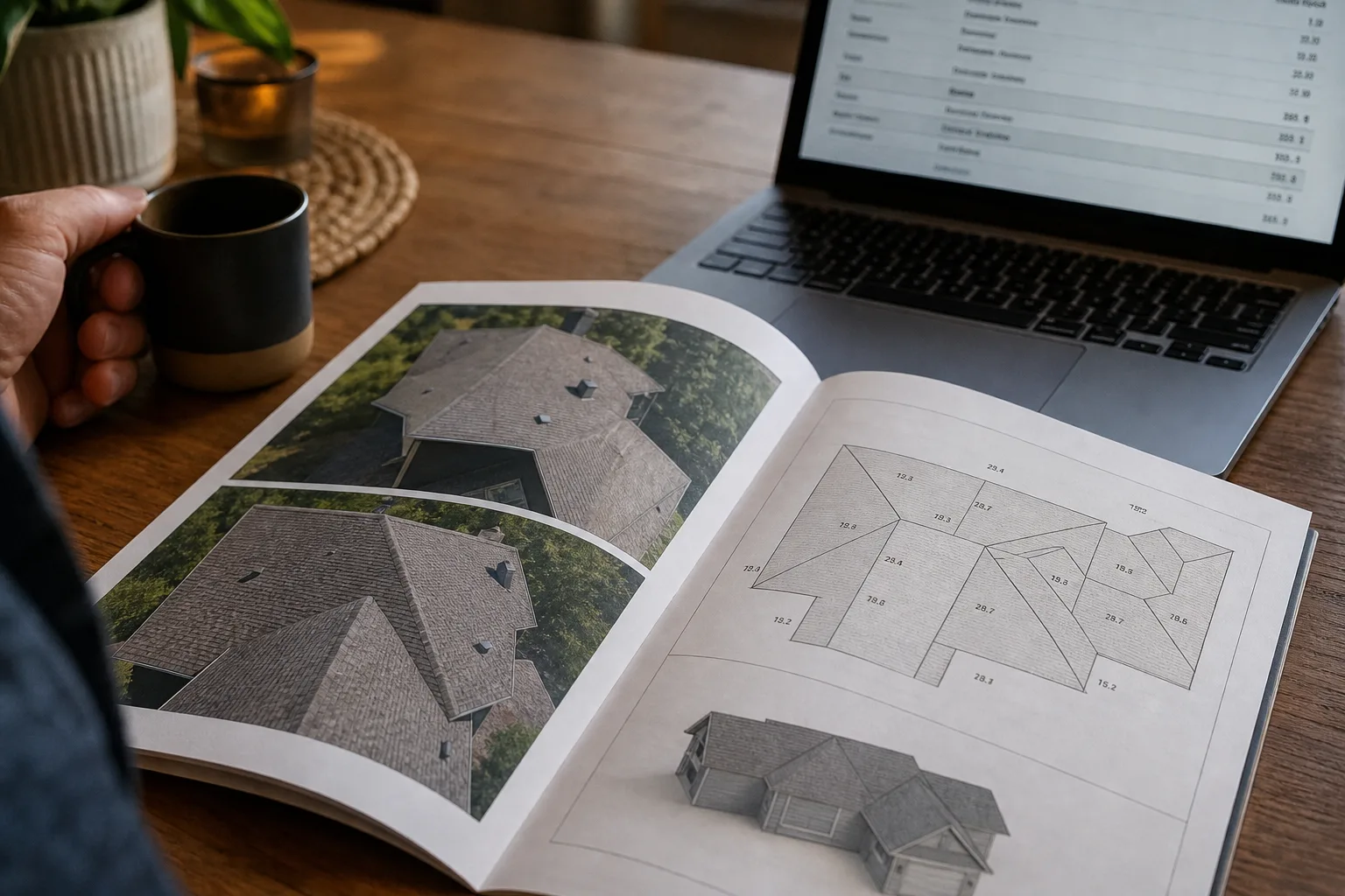 A homeowner at a kitchen table with a printed multi-page roof inspection report open, showing aerial photographs of a shingle roof and a measurement diagram...
