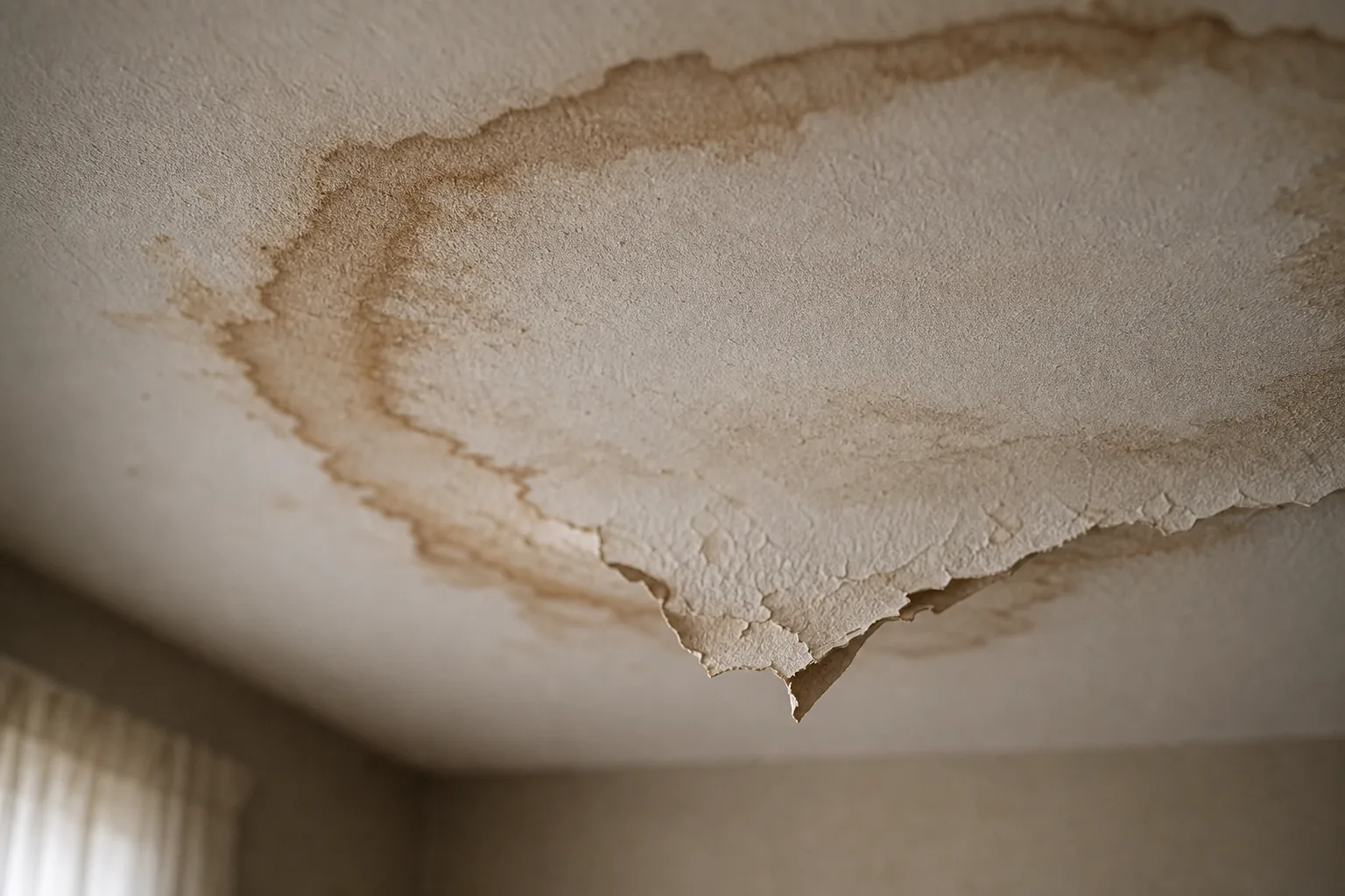 A water-stained bedroom ceiling with a spreading brown ring and paint lifting at the edge