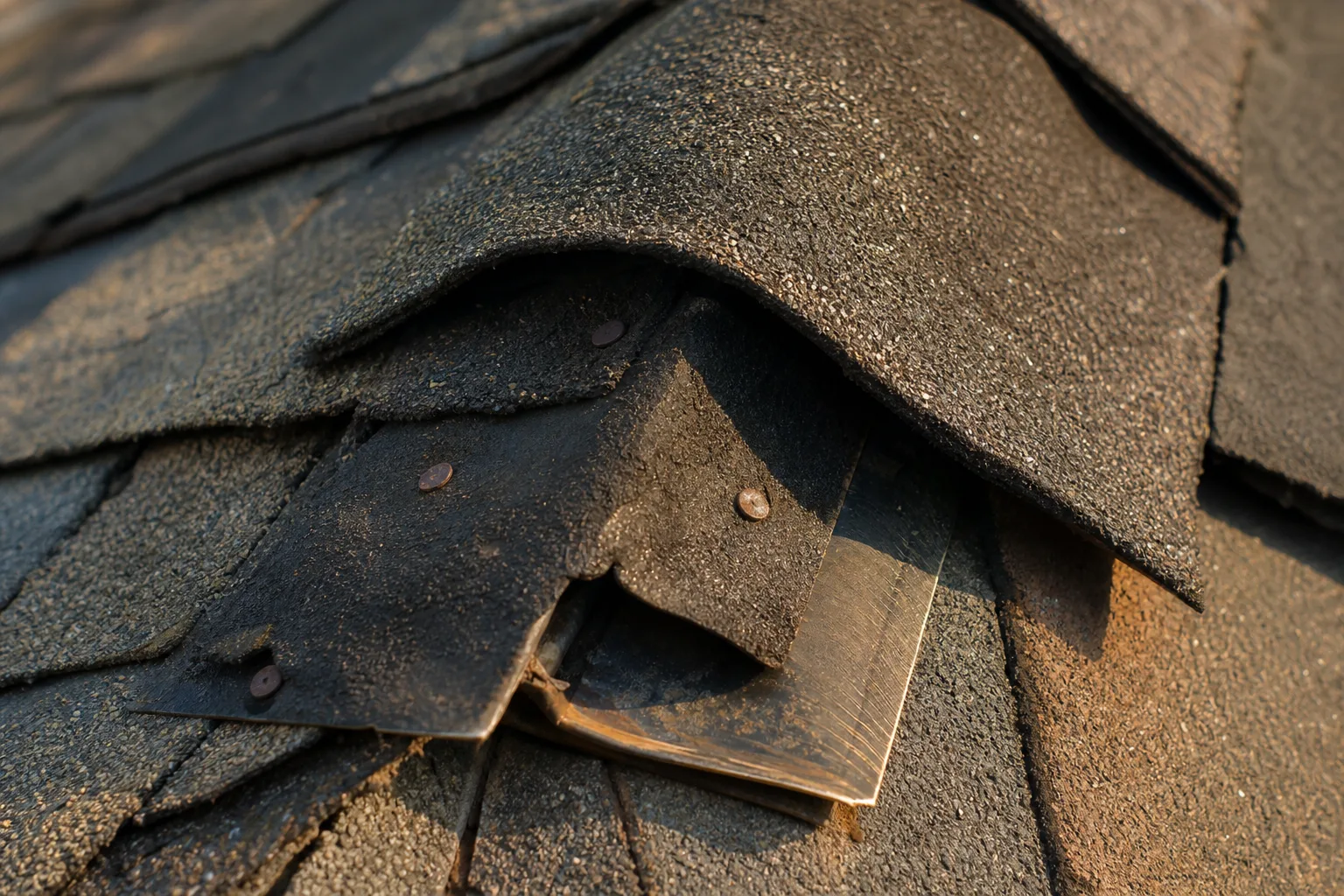 Curled asphalt shingles at a roof ridge with exposed nail heads and a lifted flashing edge