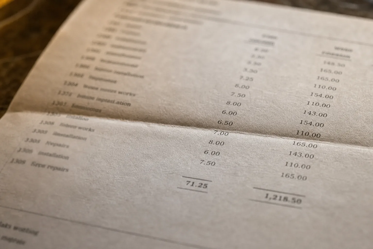 A printed itemized statement with columns of hours and figures, folded once across the middle