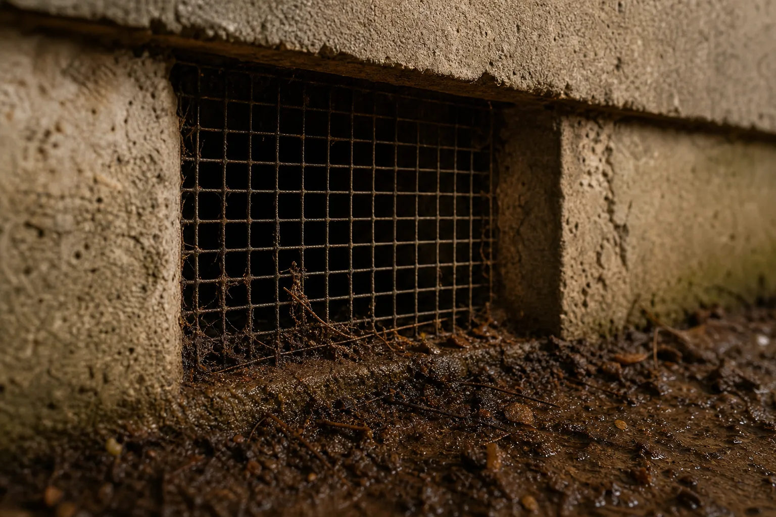 A crawl space vent screen set into a concrete foundation wall, damp soil visible below the opening