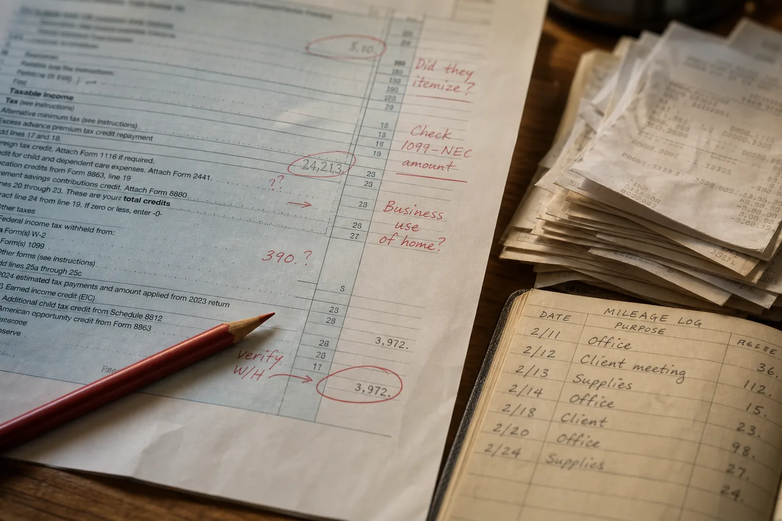A marked-up draft tax return on a desk with a reviewer's pencil queries in the margins, beside a stack of receipts and a mileage logbook