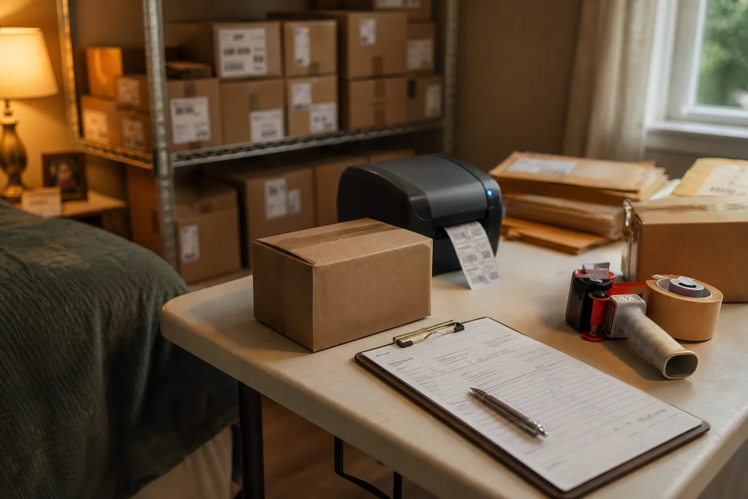 A home spare bedroom converted into a small shipping station, with labeled inventory boxes stacked against one wall, a folding table holding a label printer,...